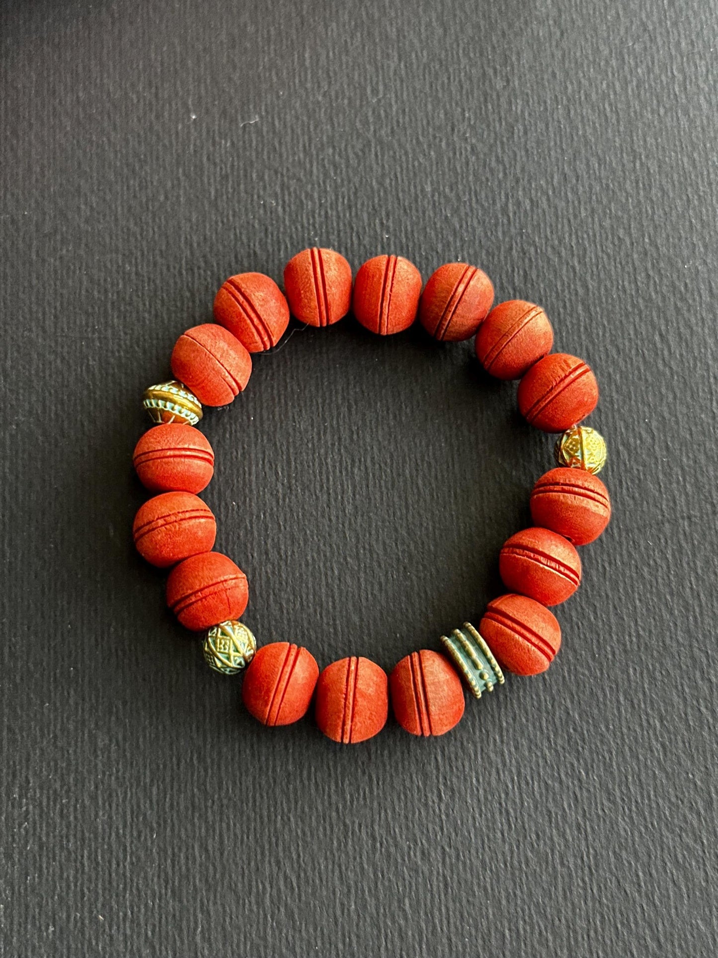 Carved Wood and Metal Unisex Bracelet