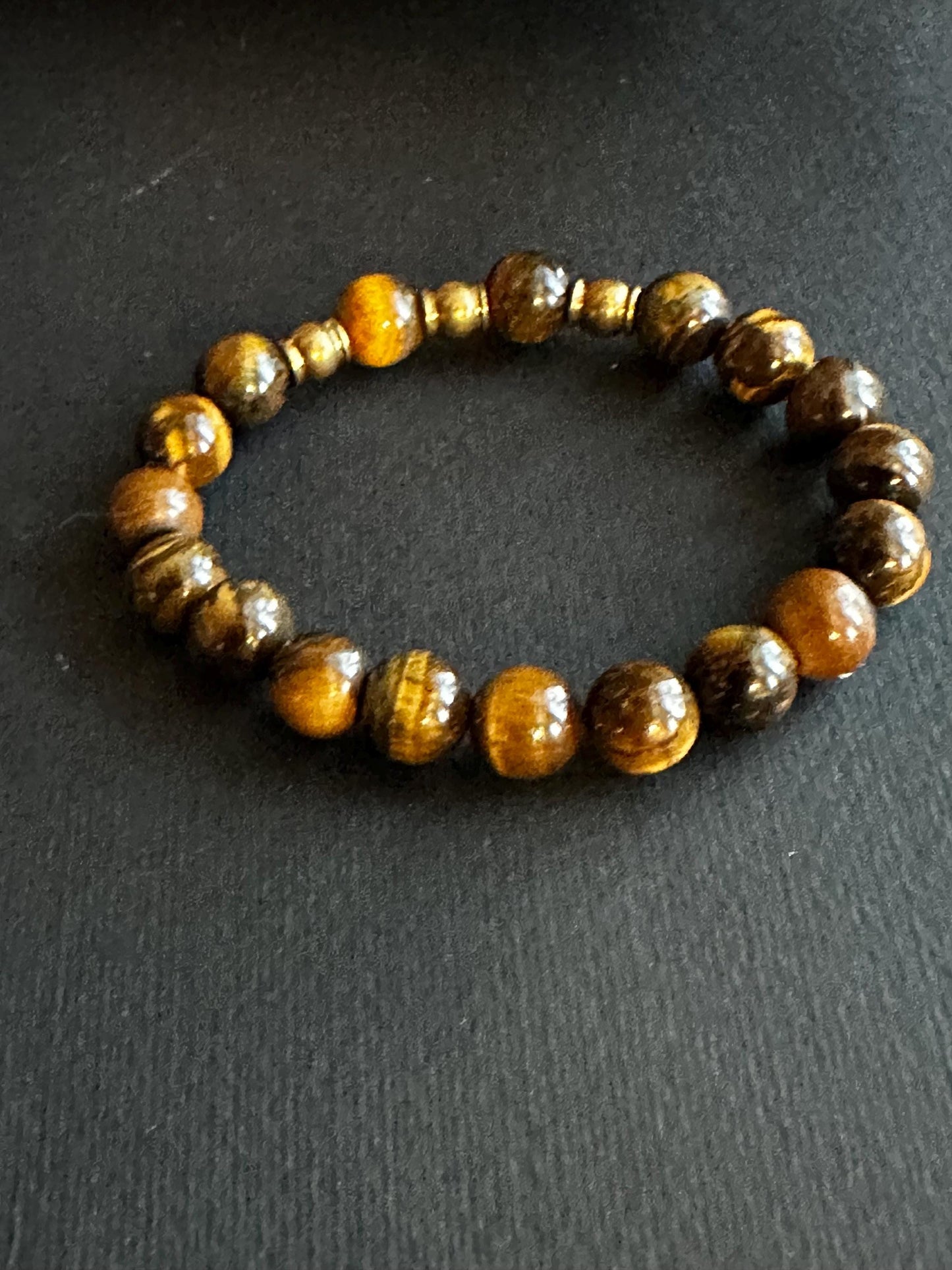 Earthy Roots- A blend of Tiger’s Eye and Jasper Bracelets with Tribal Inlaid Brass Focal Bead