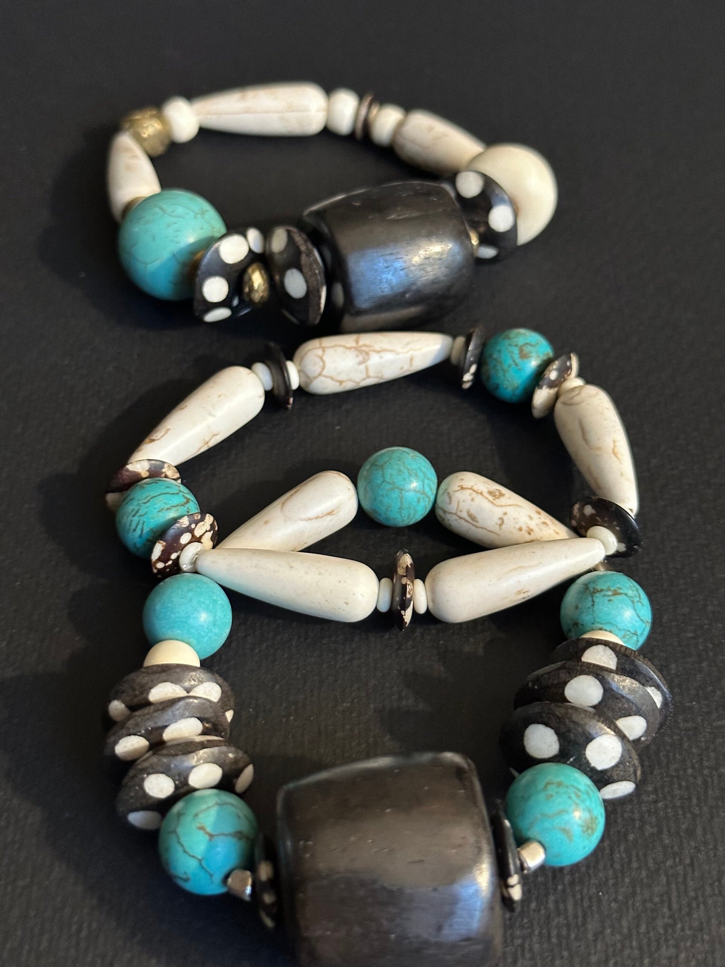 Turquoise Colored Brown and Cream Large Chunky Beaded Bracelet