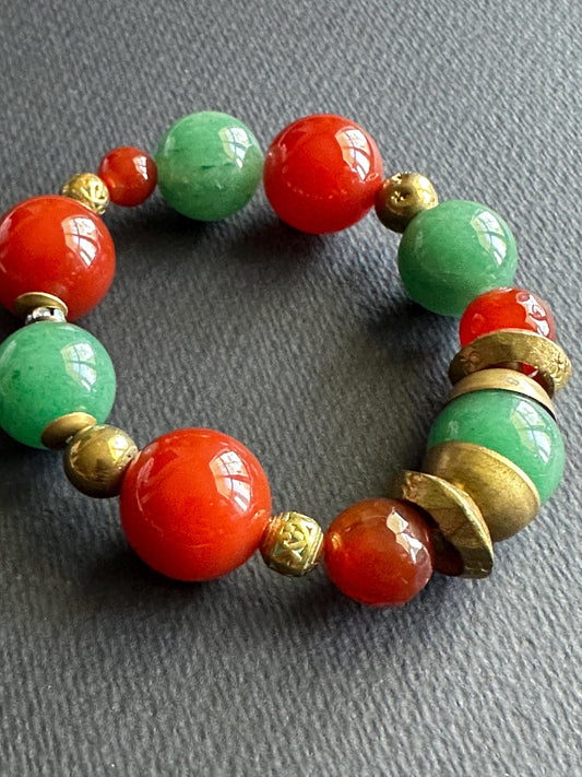 Bohemian Gemstone Bracelet: Carnelian, Aventurine, Brass & Nepali Beads
