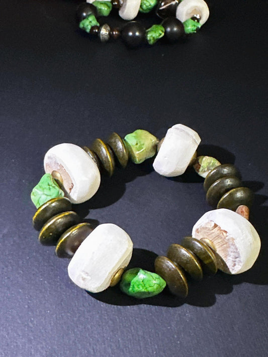 Green Brown and Creamy Beaded Bracelet | Wood Bone and Howlite Beads, Unisex Bohemian Jewelry