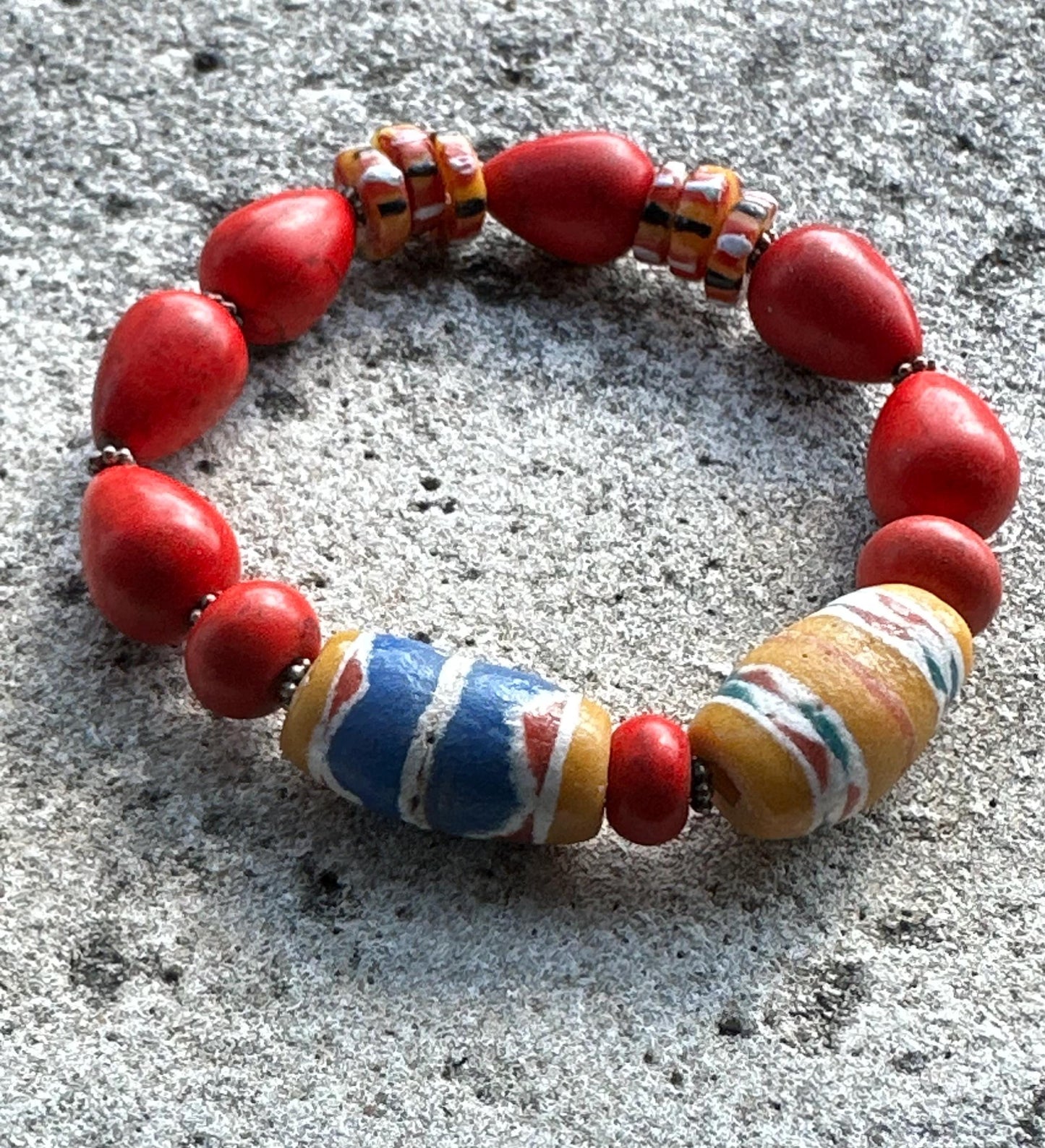 Red Teardrop Beaded Bracelet | Bronze Disc Boho Jewelry