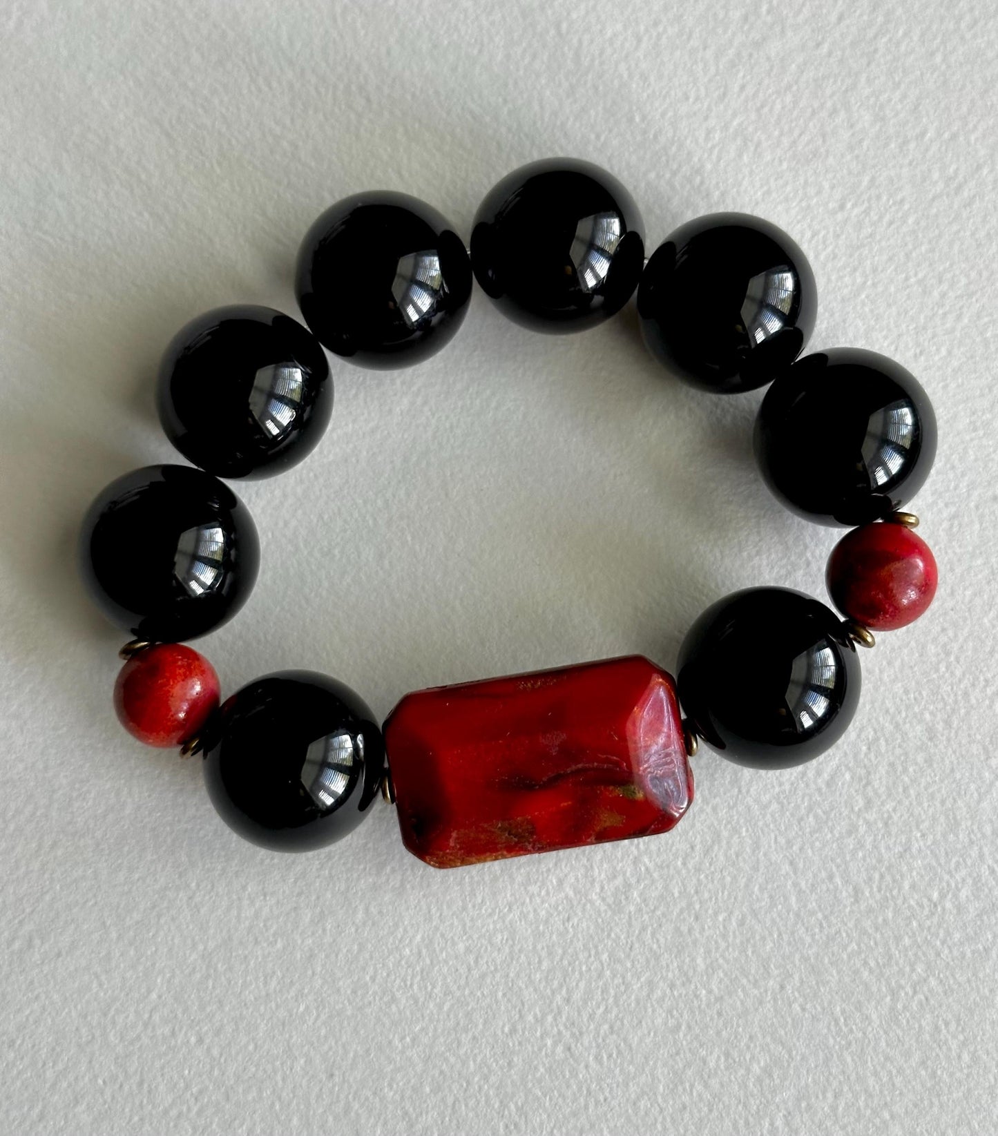 Handmade Black and Red Beaded Statement Stretch Bracelet