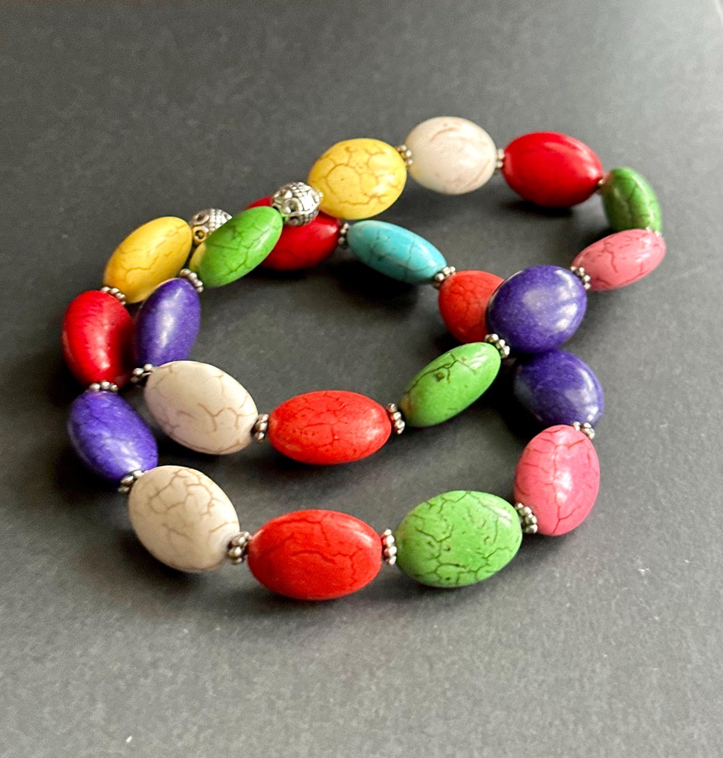 Multi-Color Oval Ceramic Beaded Bracelet | Silver Accents | Handmade by Attrice | Fun & Flirty | OOAK | 7.5"
