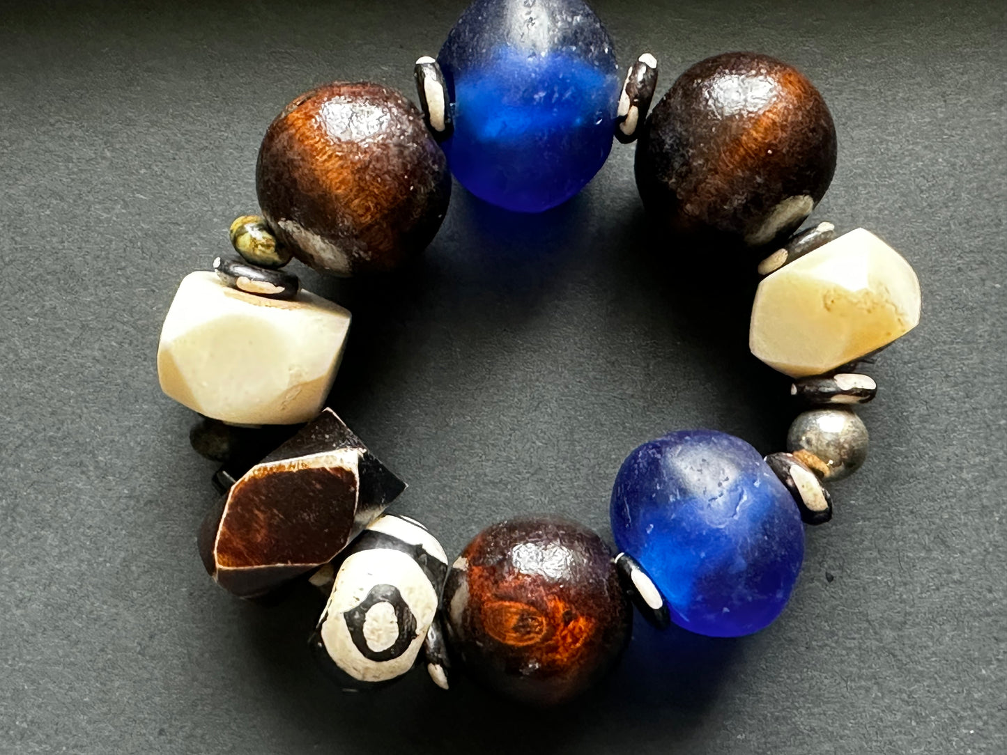 Chunky Brown and Cream Wood Bone and Glass Unisex Beaded Bracelet