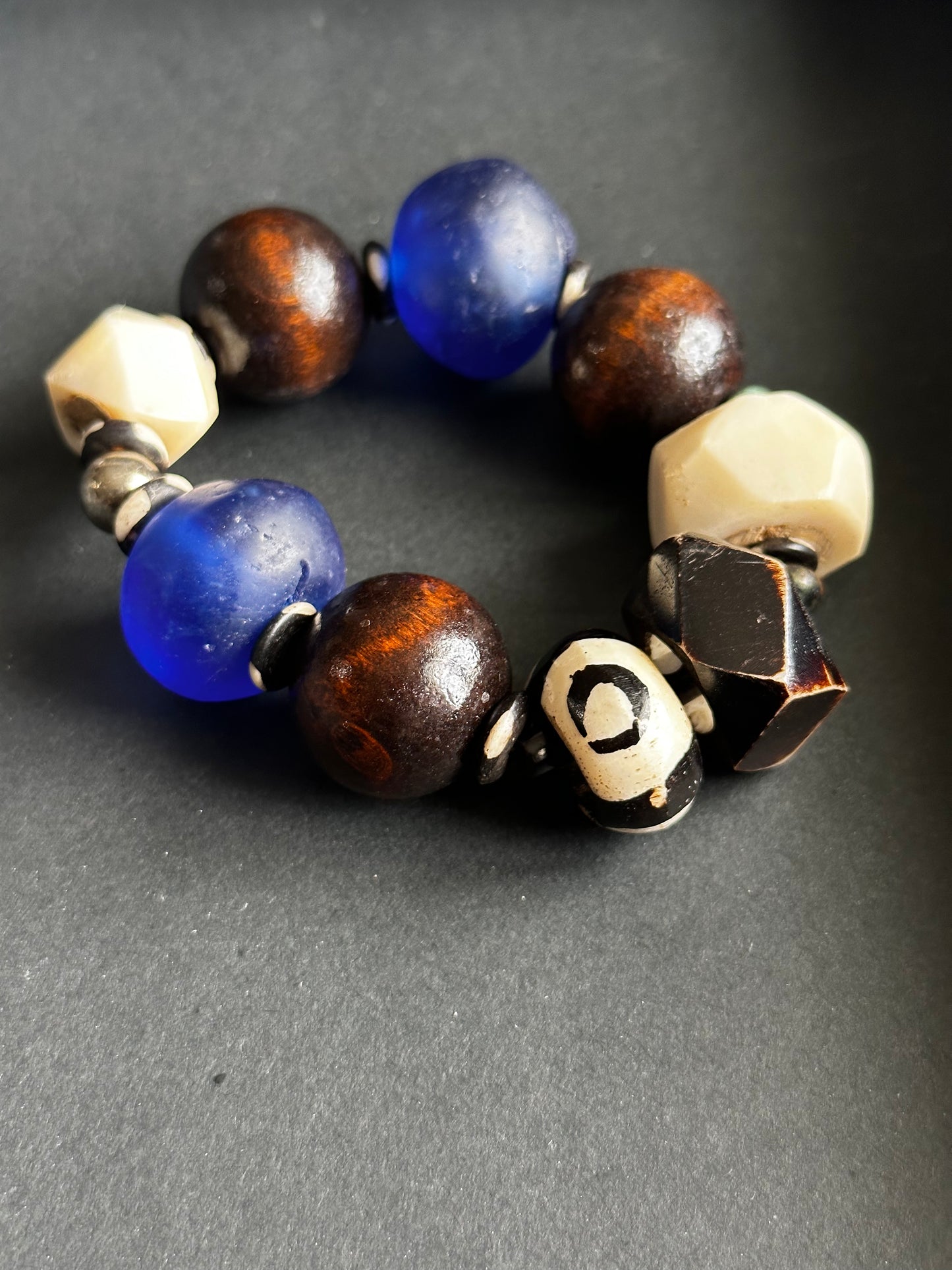 Chunky Brown and Cream Wood Bone and Glass Unisex Beaded Bracelet
