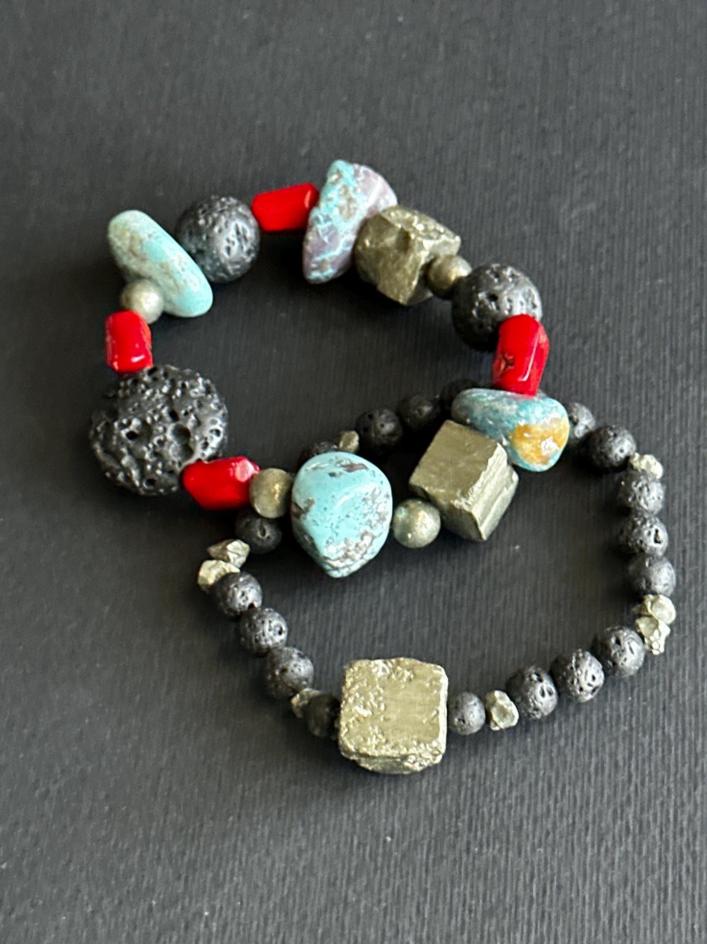 Boho Lava & Turquoise Beaded Bracelet | Pyrite Accent, Handmade