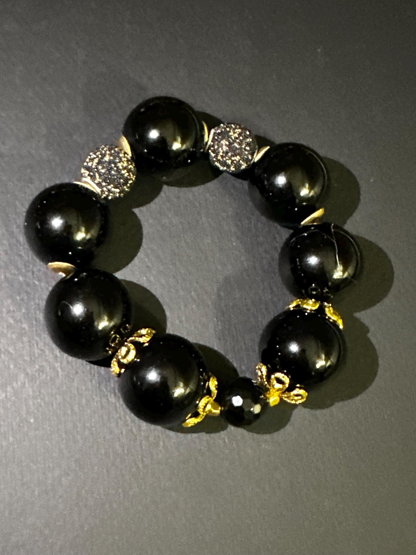 Handmade Chunky 24 mm Black Beads and Gold Unisex Beaded Statement Stretch Bracelet