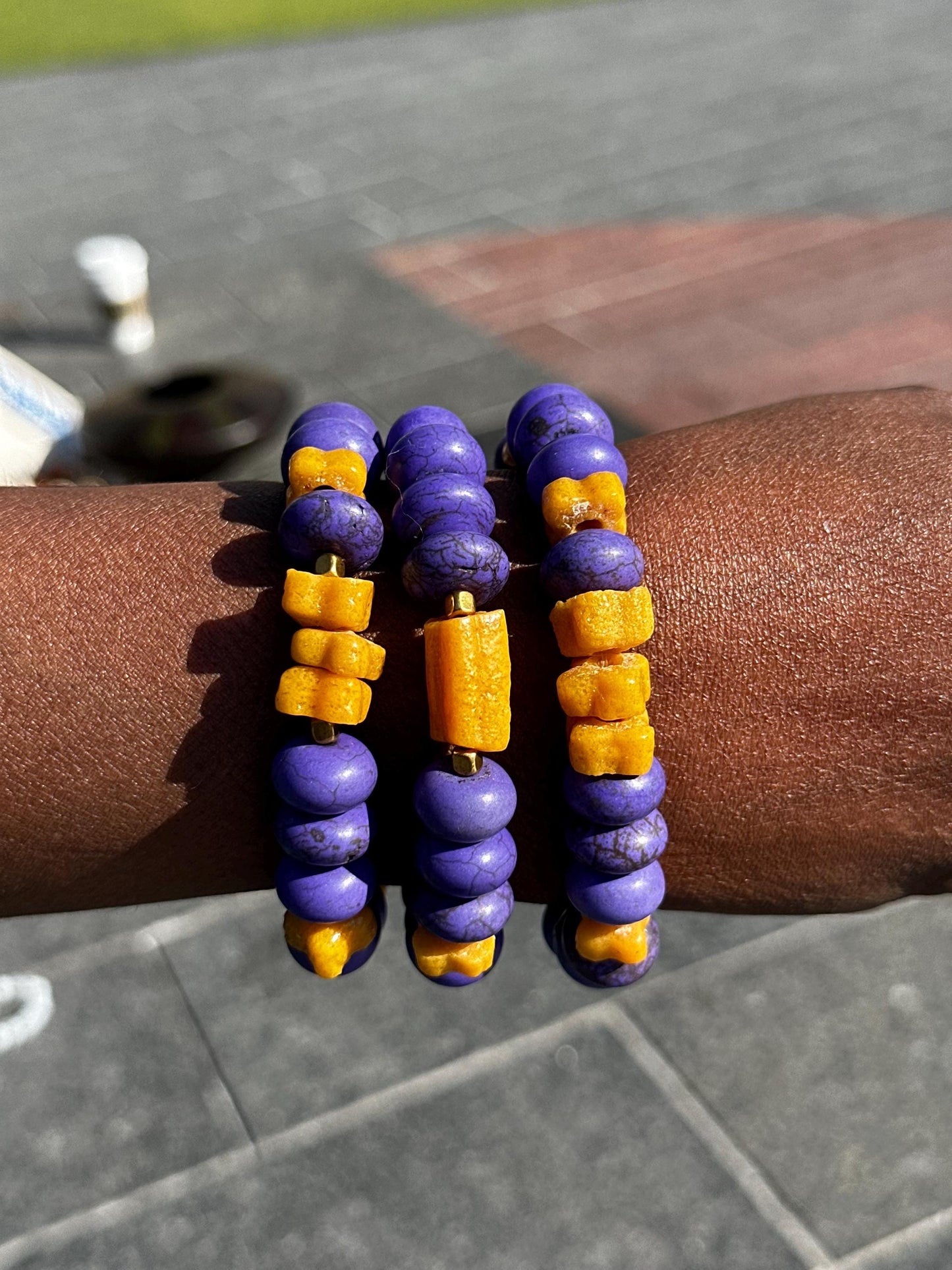 Purple and Gold Unisex Ceramic and Krobo Beaded Stackable Bracelets