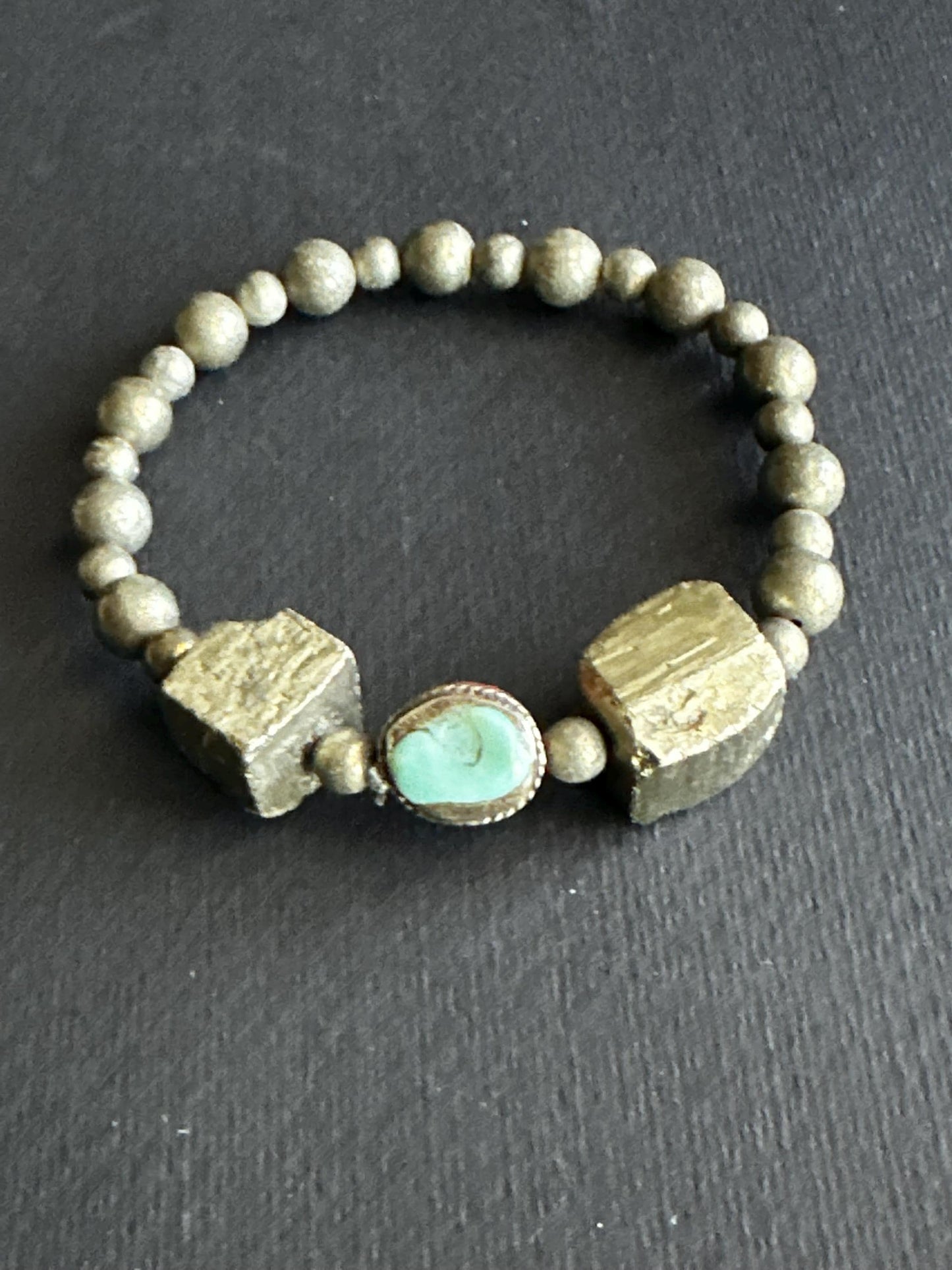 Boho Unisex Bracelet Stack | Pyrite Cube & Turquoise Beads | Handmade One of a Kind Stretch Bracelets