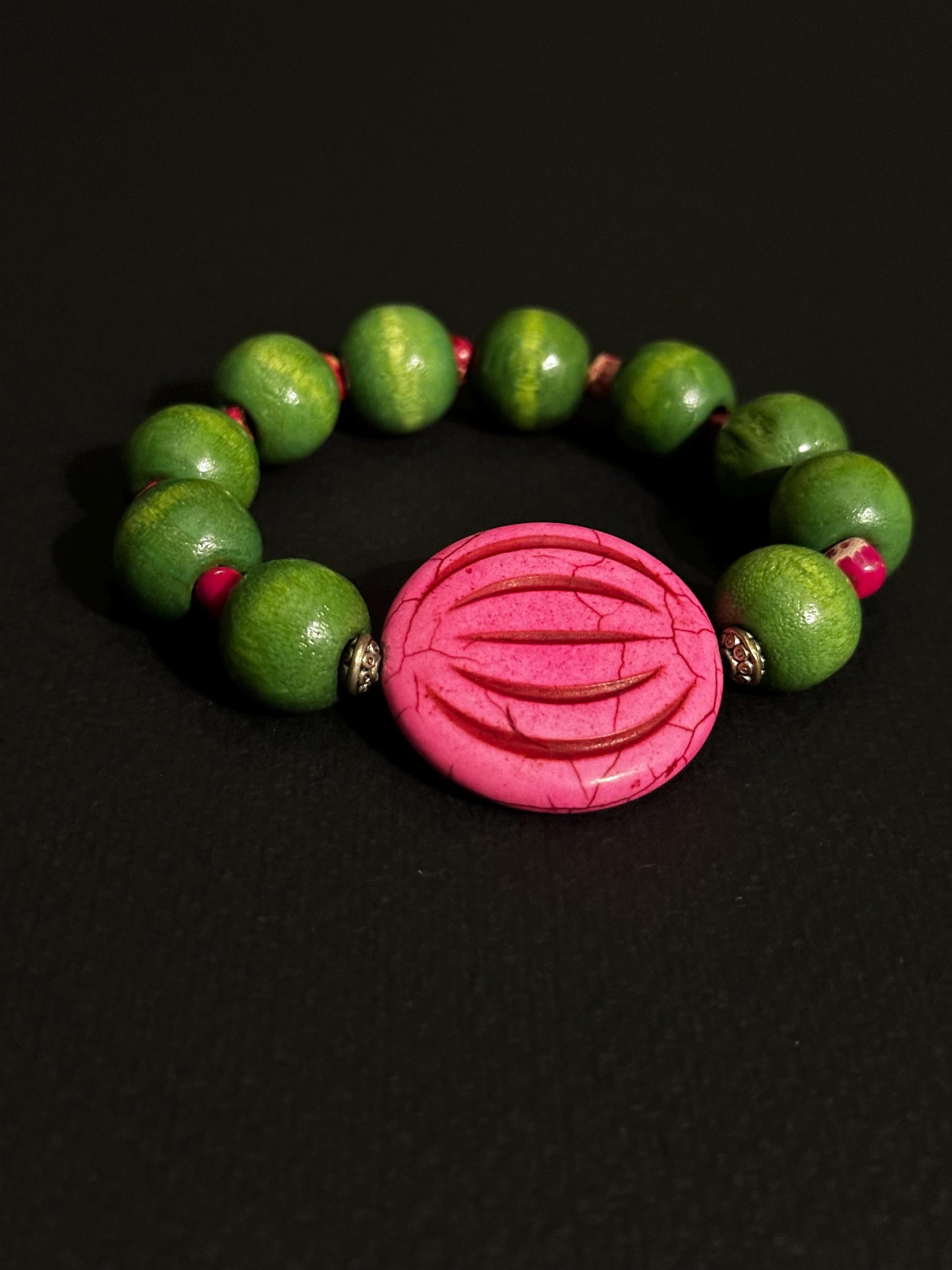 Pink Wood and Green Ceramic Bracelet | Handmade Jewelry | Beaded Bracelet by Trecie’s Shoppe