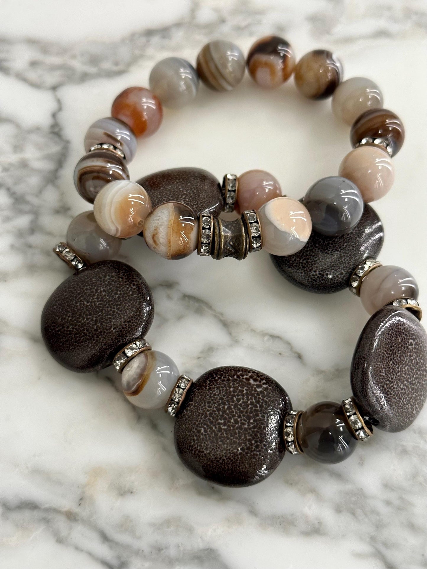 Smokey Ceramic and Agate Beaded Bracelet with Metal Accents | Handmade Natural Stone Jewelry