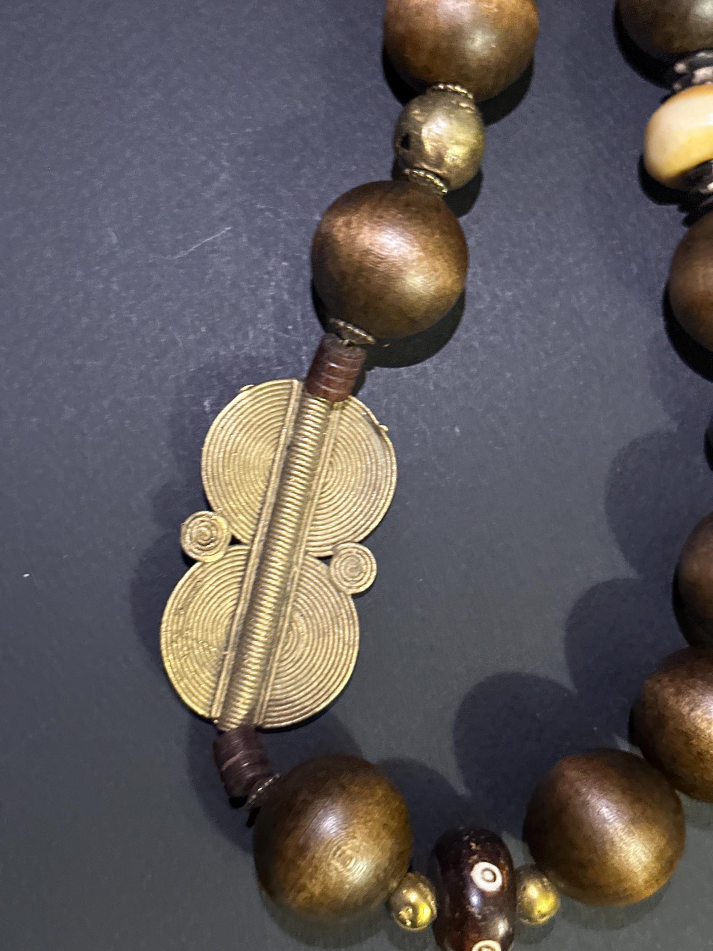Brown (24 mm) Wooden Beads and with Bone and  Brass Sundial  Beaded Necklace
