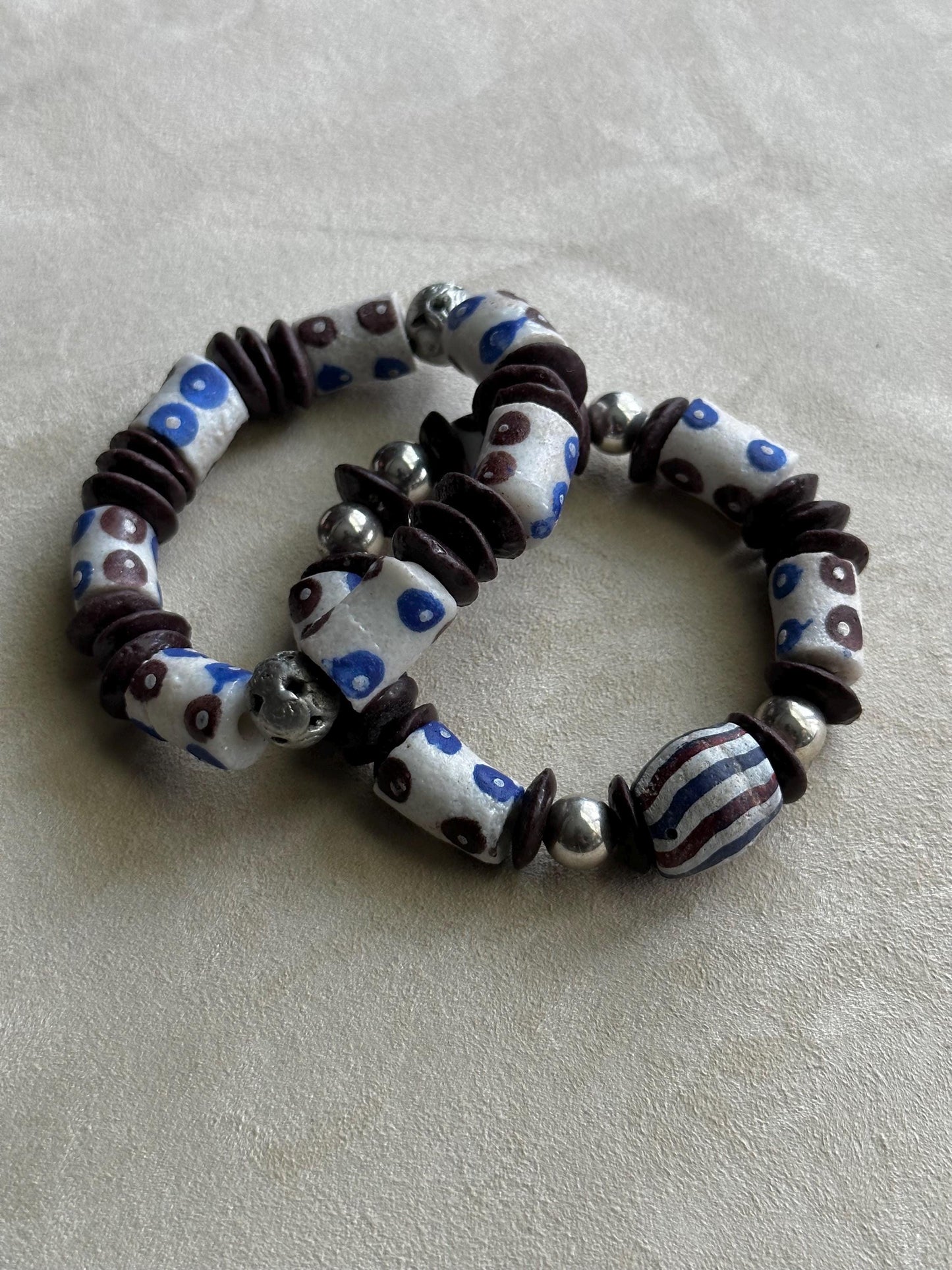 African Recycled Glass Bead Bracelet: Blue Brown Polka Dot Krobo, Unisex Boho