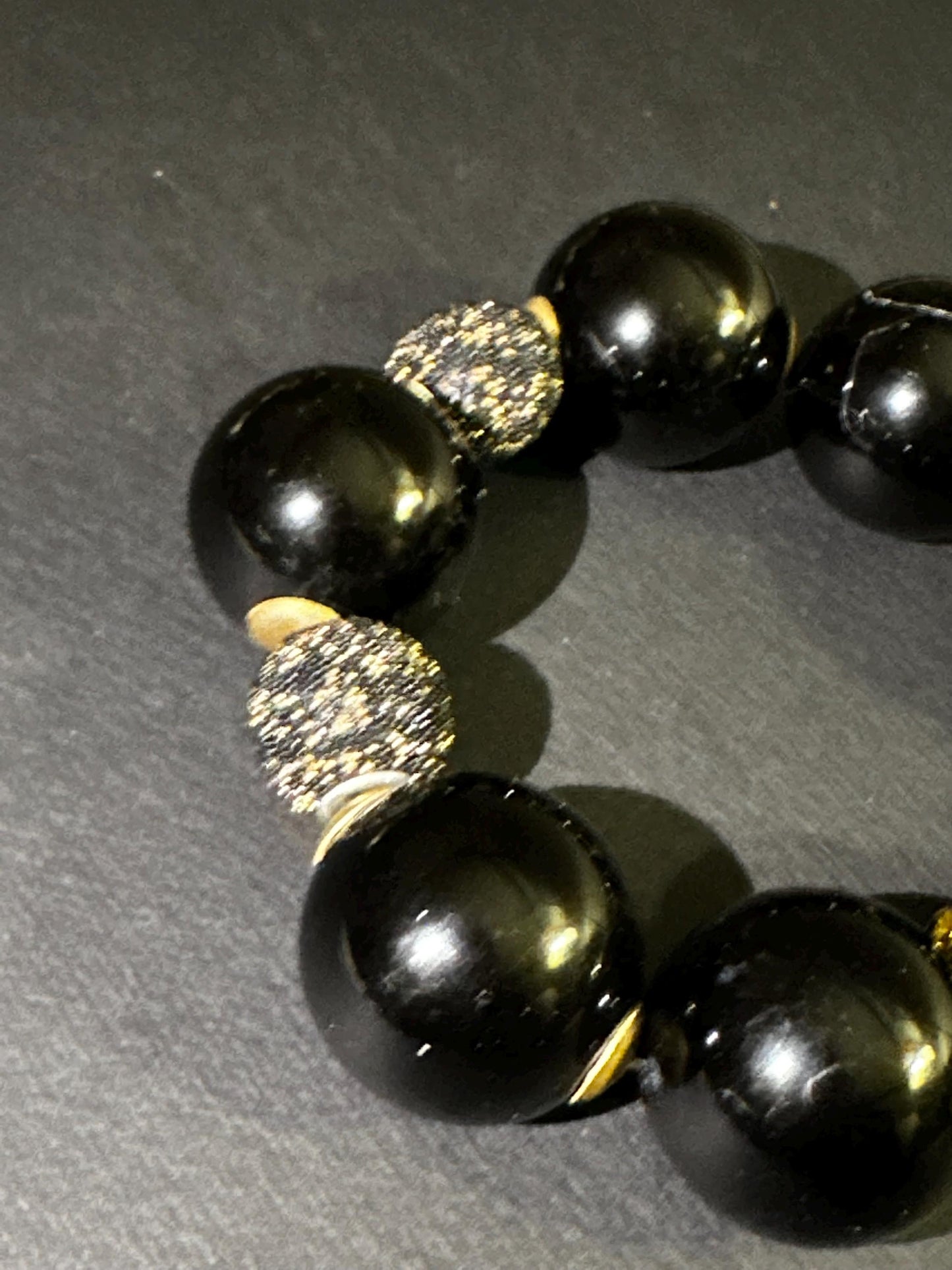 Handmade Chunky 24 mm Black Beads and Gold Unisex Beaded Statement Stretch Bracelet