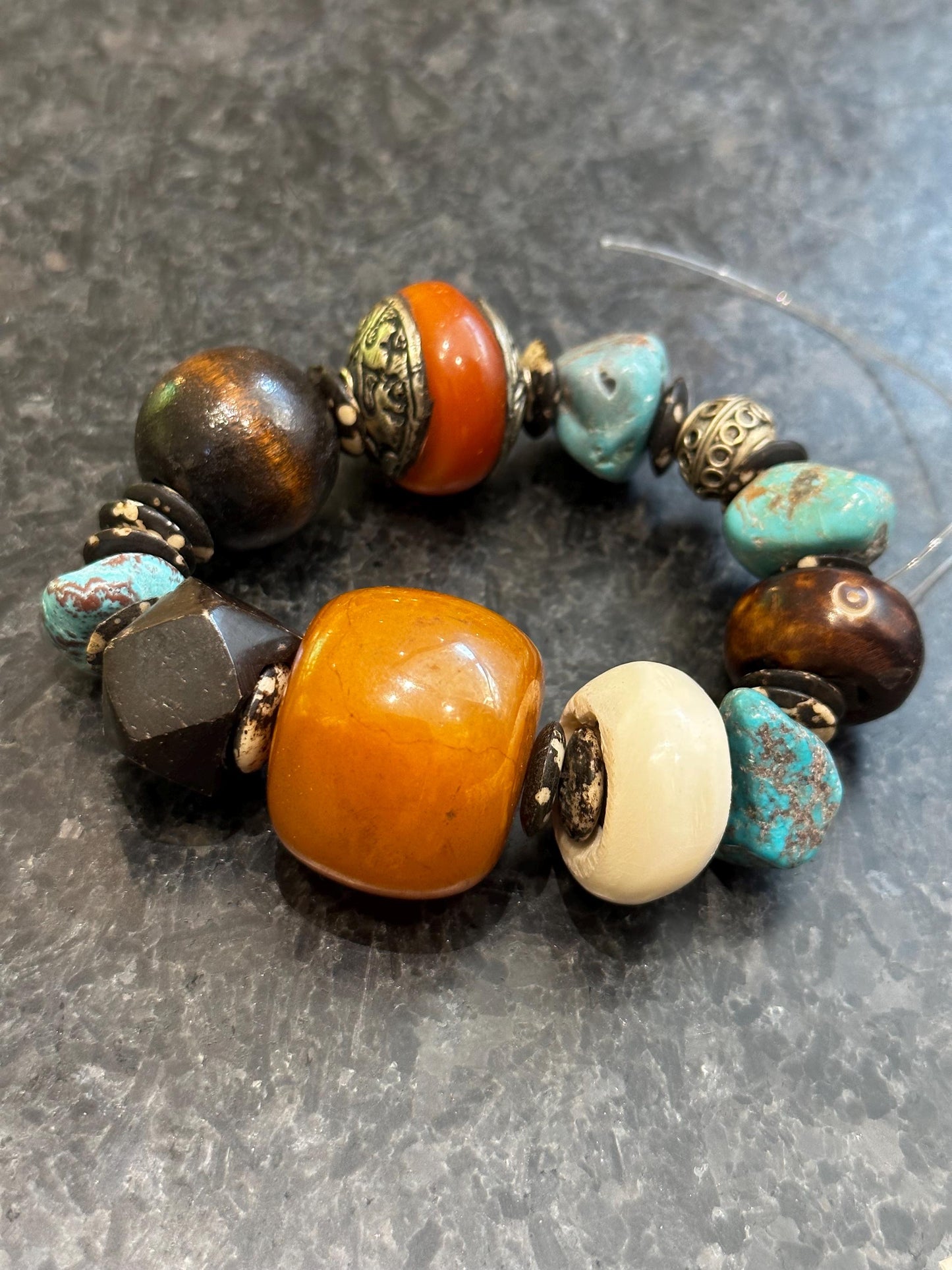 Handcrafted Tribal Boho Bracelet • Chunky Orange Focal Bead, Bone & Turquoise