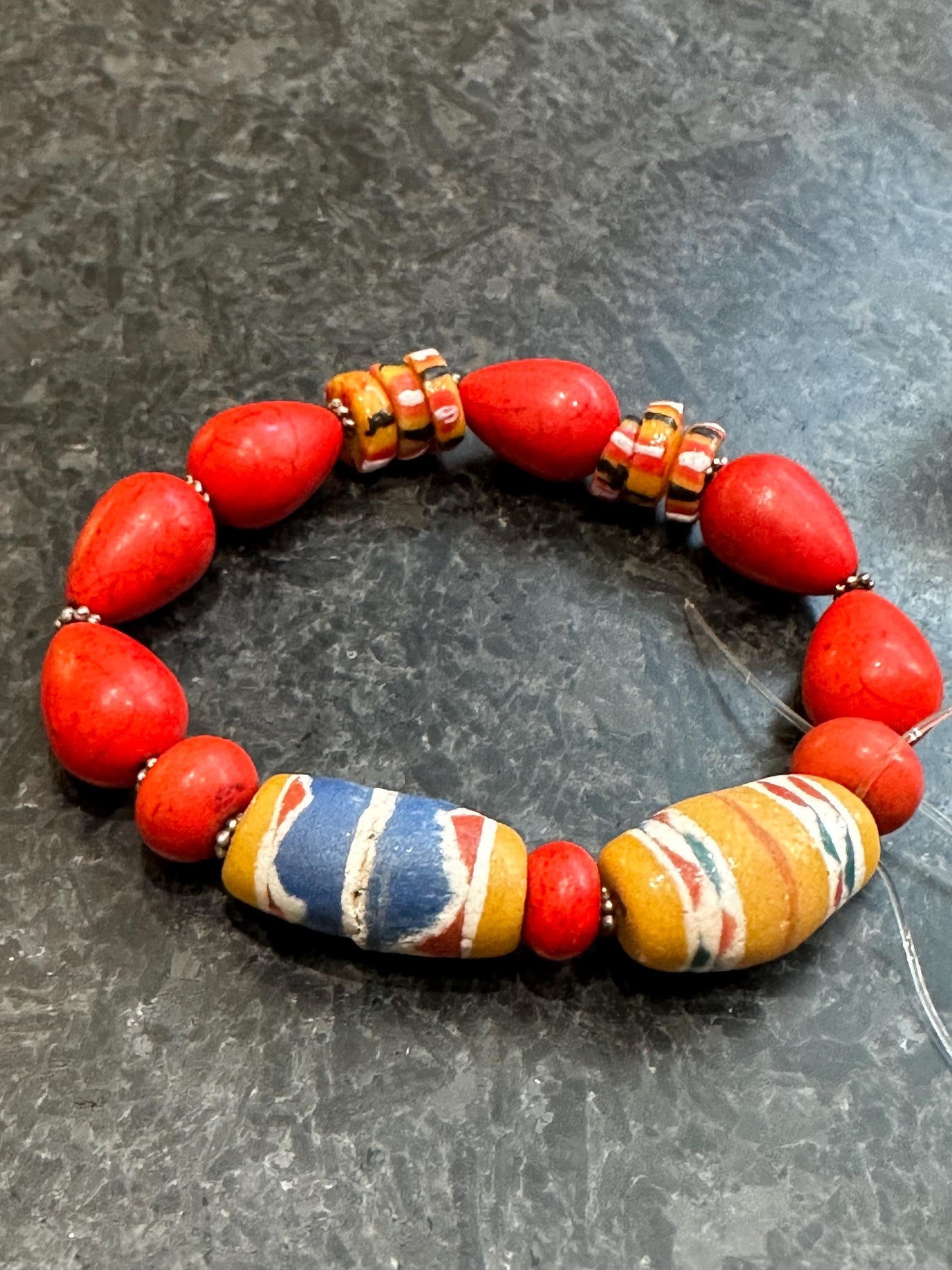 Red Teardrop Beaded Bracelet | Bronze Disc Boho Jewelry