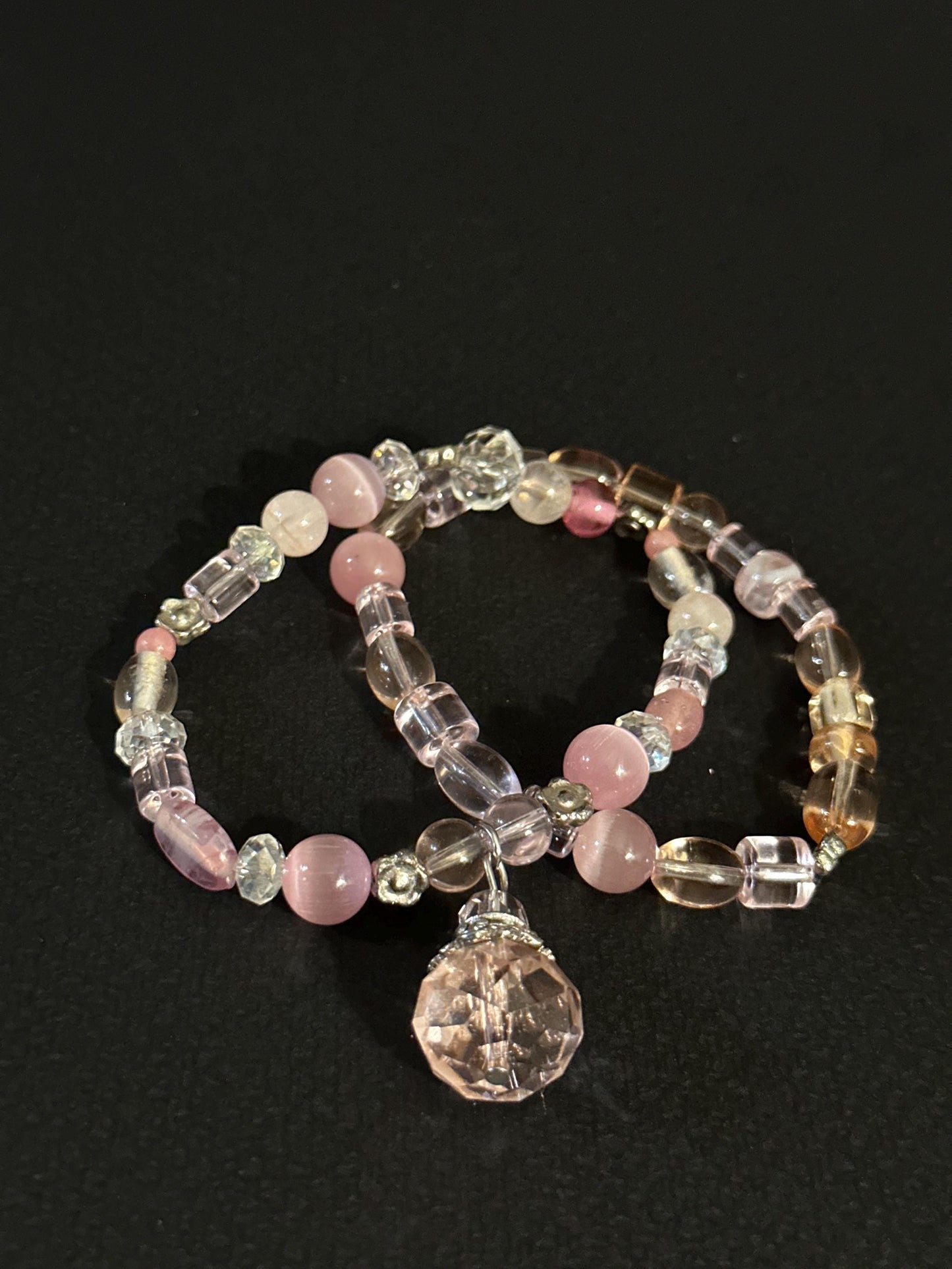 Handmade Pink & Brown Glass Beaded Bracelet Set with Crystal Accents OOAK