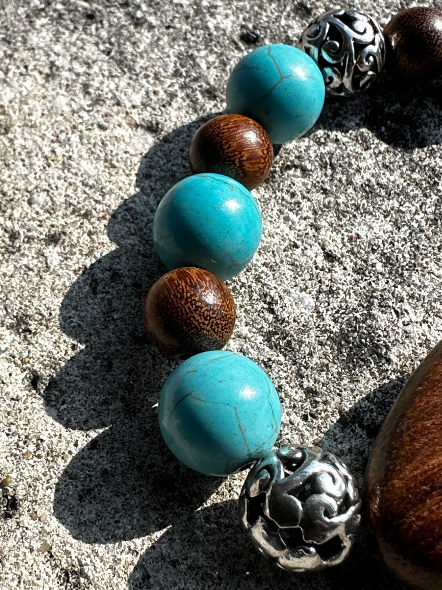 Turquoise Howlite Beaded Bracelet with Wooden Geometric Focal Bead