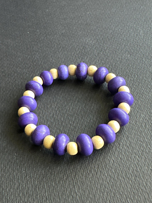 Purple & Cream Rondelle Bead Bracelet | OOAK | Handmade by Attrice | 7.5" Adjustable | Stackable Boho Jewelry