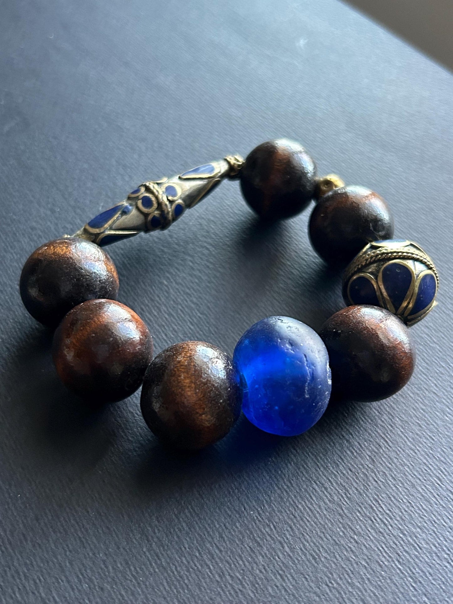 Large Brown Wood Unisex Beaded Bracelet with Gold Matte Agate Beads