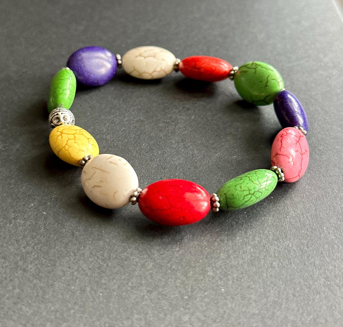 Multi-Color Oval Ceramic Beaded Bracelet | Silver Accents | Handmade by Attrice | Fun & Flirty | OOAK | 7.5"