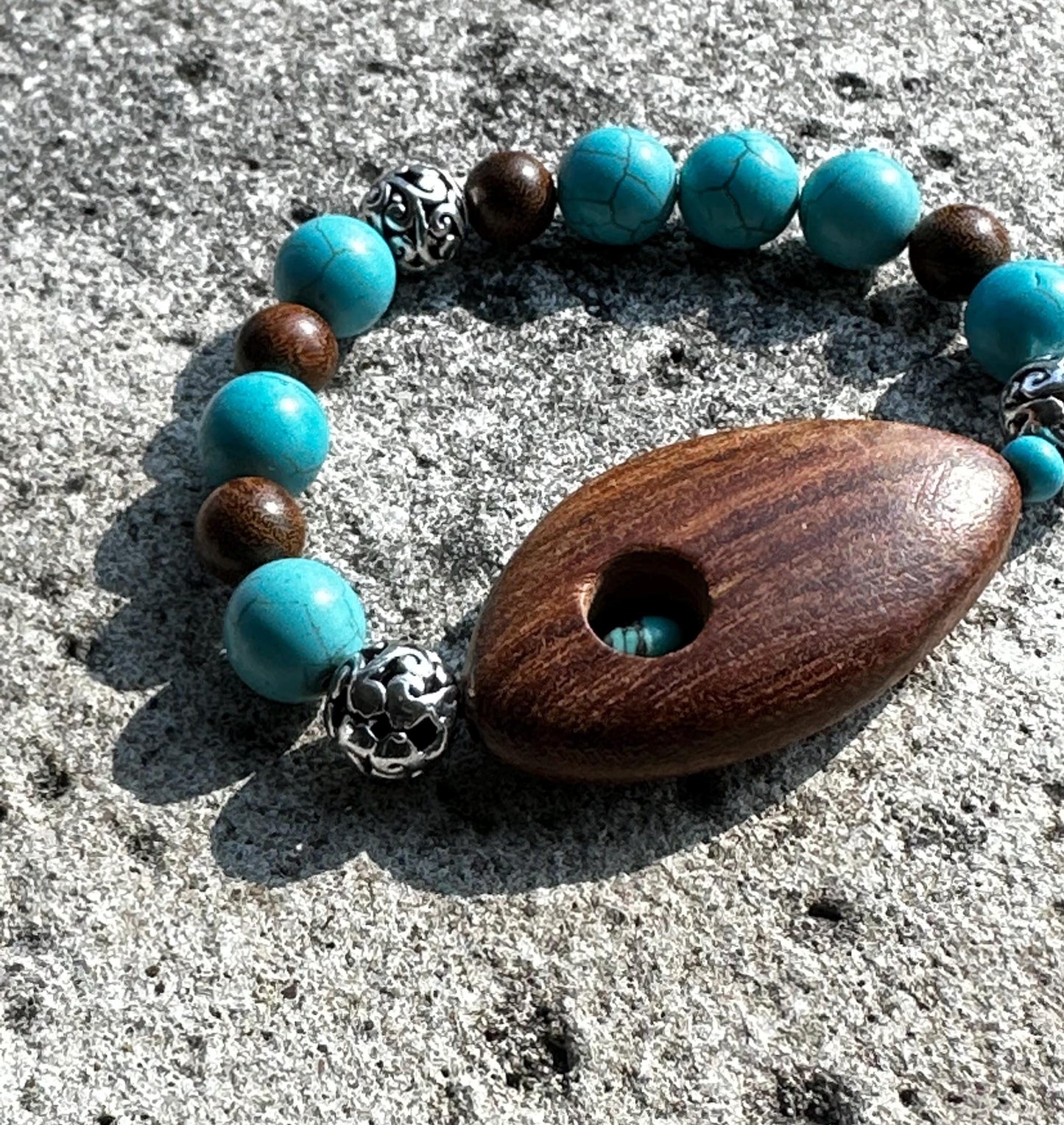 Turquoise Howlite Beaded Bracelet with Wooden Geometric Focal Bead