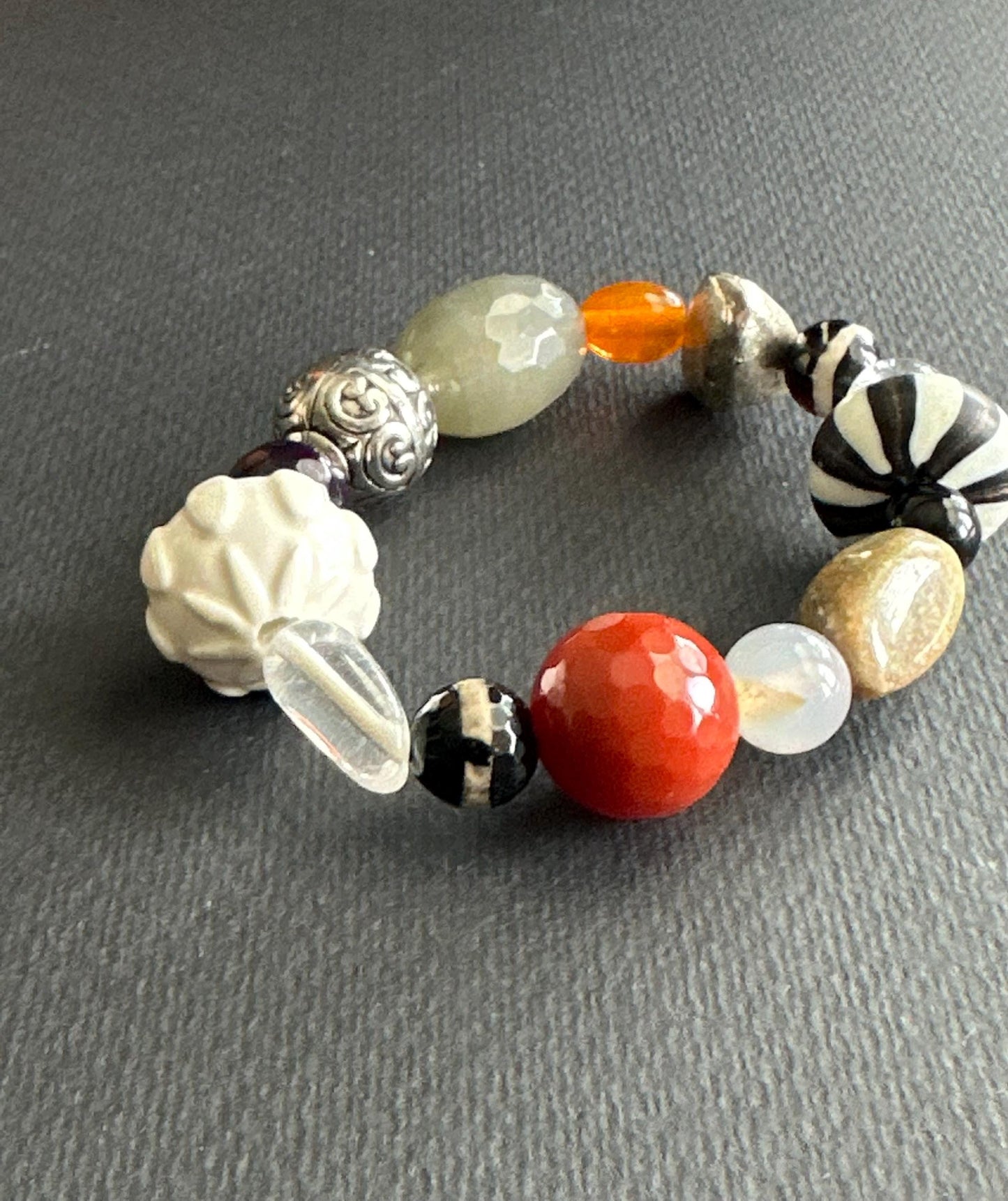 White, Orange, Green, Black & Silver Mixed Material Statement Bracelet – One of a Kind (OOAK