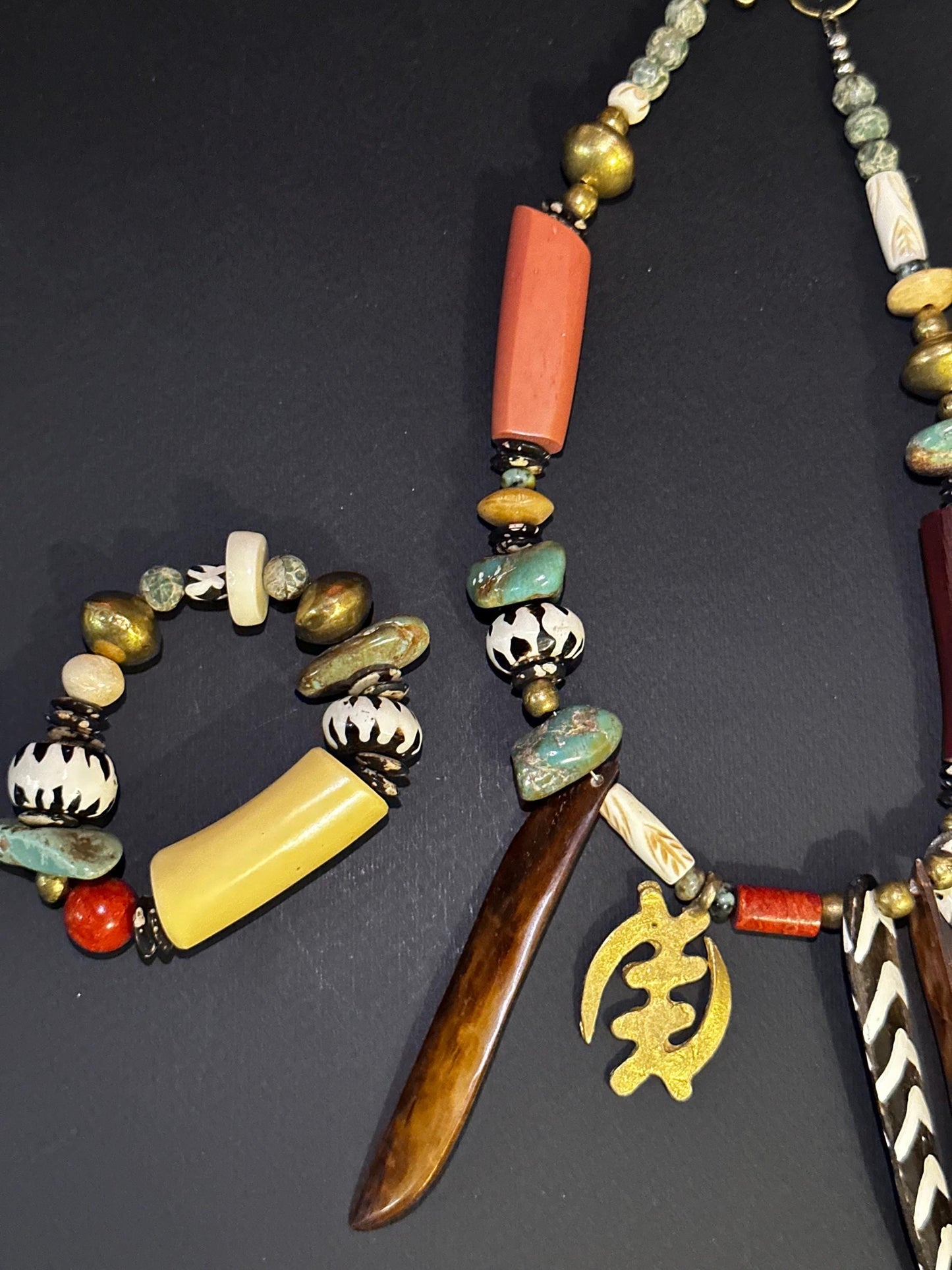 Tribal Boho Statement Necklace • Mixed Materials • Handcrafted Ethnic-Inspired Necklace • Bone, Brass & Natural Beads • One-of-a-Kind