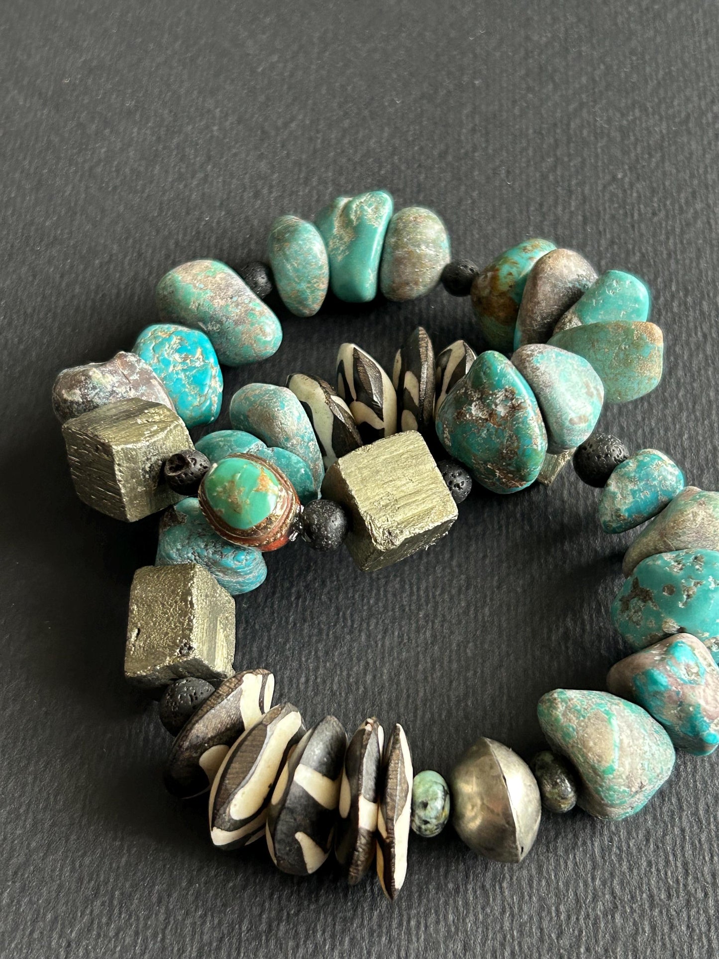 Turquoise & Pyrite Statement Bracelet | One-of-a-Kind Boho Unisex Jewelry | Lava Stone Accent | Handmade by Attrice