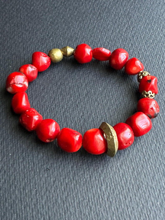 Red Coral with Gold Accent Beaded Bracelet