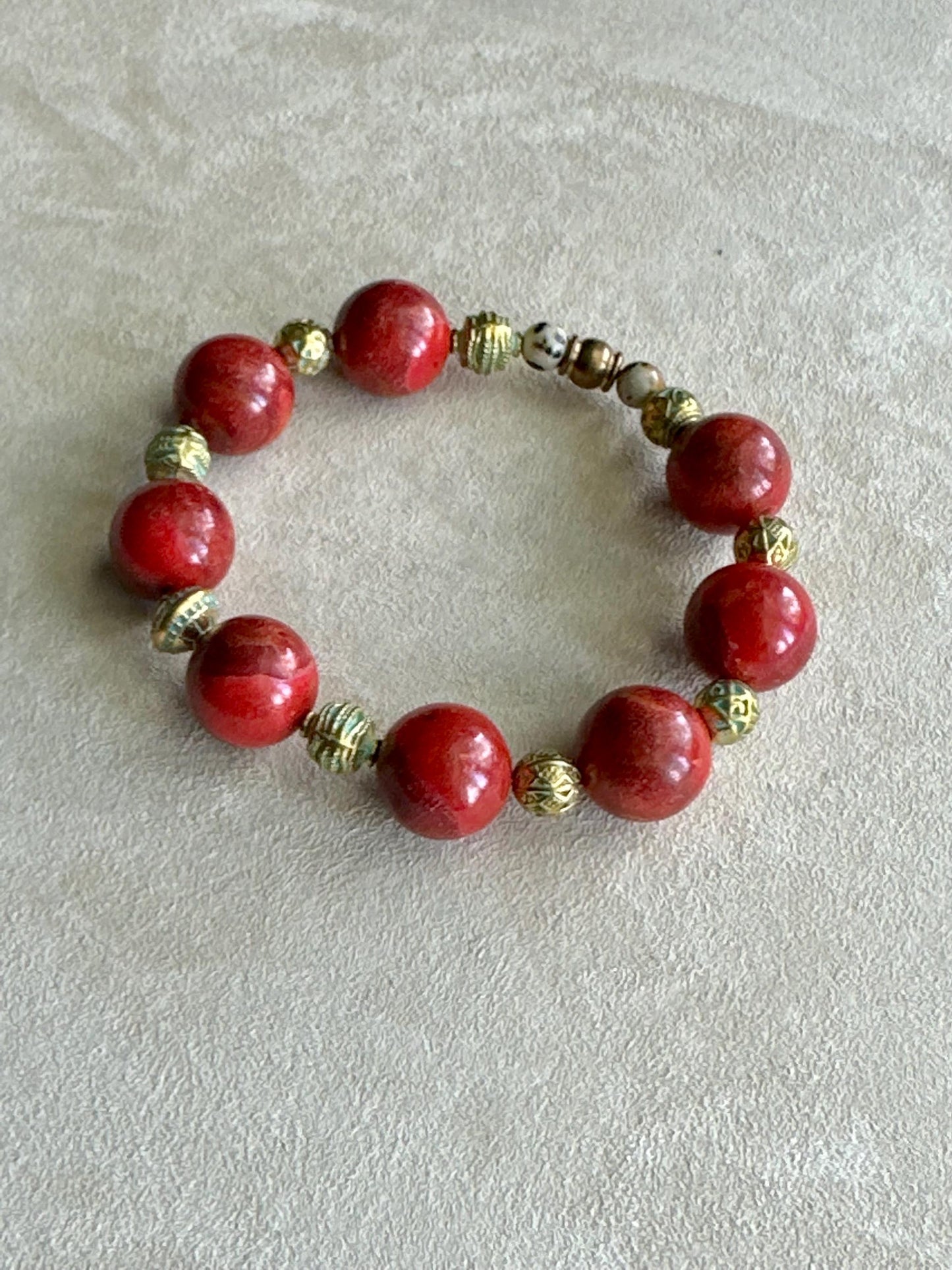 Red Ceramic Beaded Bracelet: Handmade Brass Accent Boho Jewelry