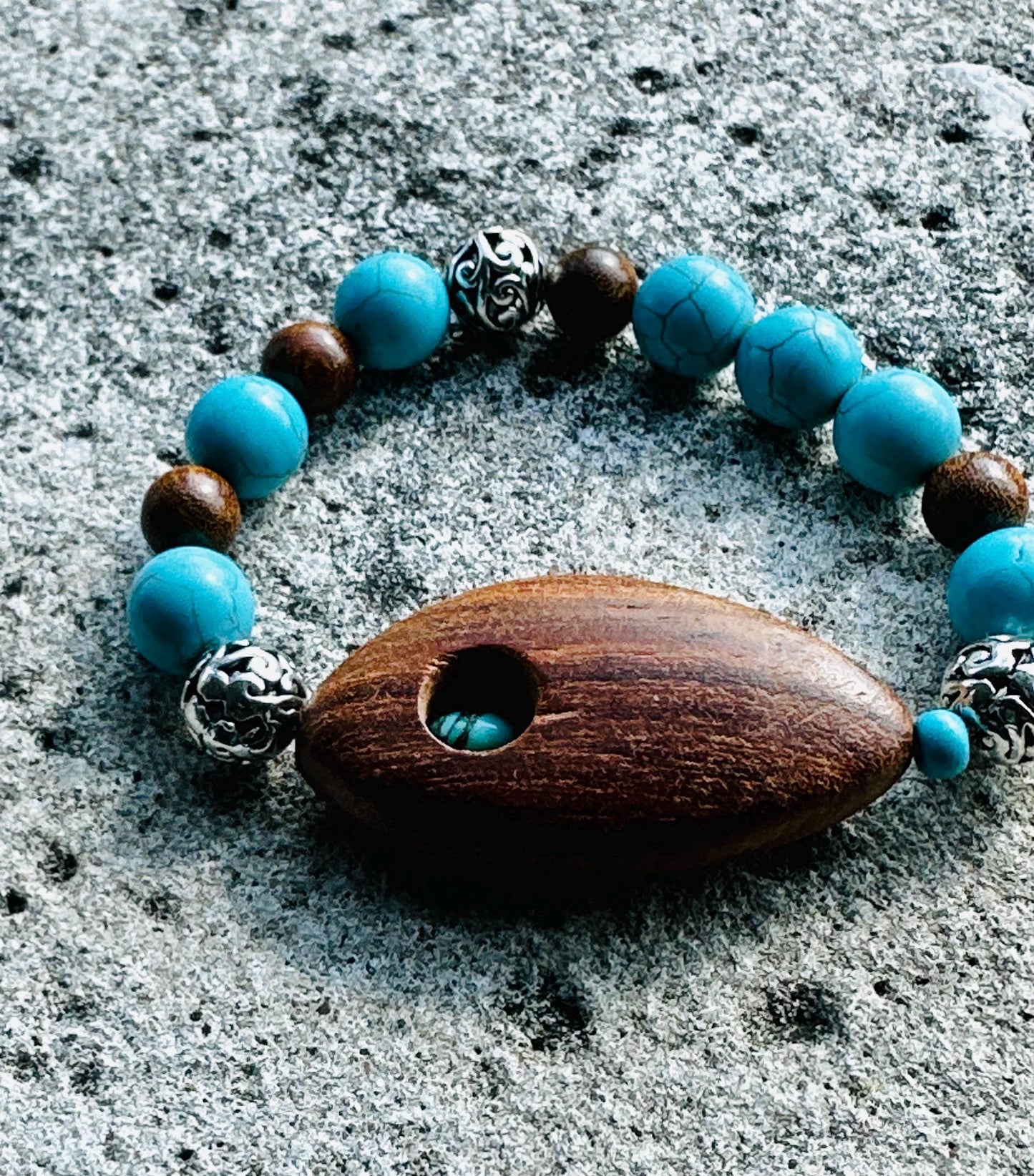 Turquoise Howlite Beaded Bracelet with Wooden Geometric Focal Bead
