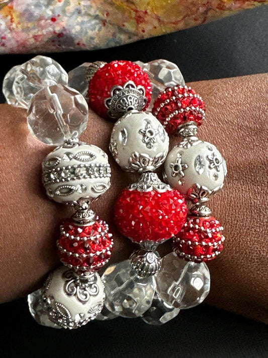 Red and White Winter Bliss Bracelet Stack