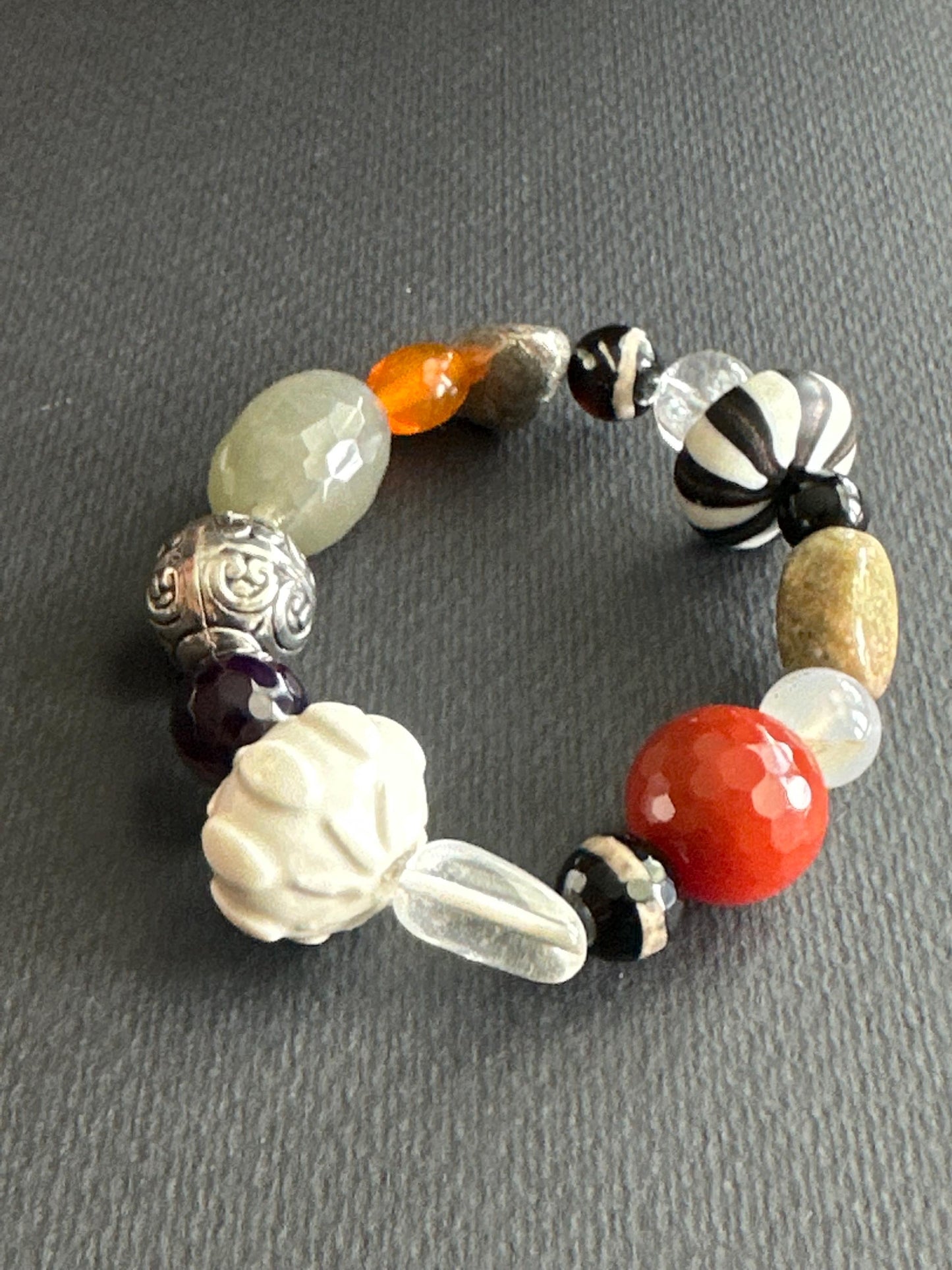 White, Orange, Green, Black & Silver Mixed Material Statement Bracelet – One of a Kind (OOAK