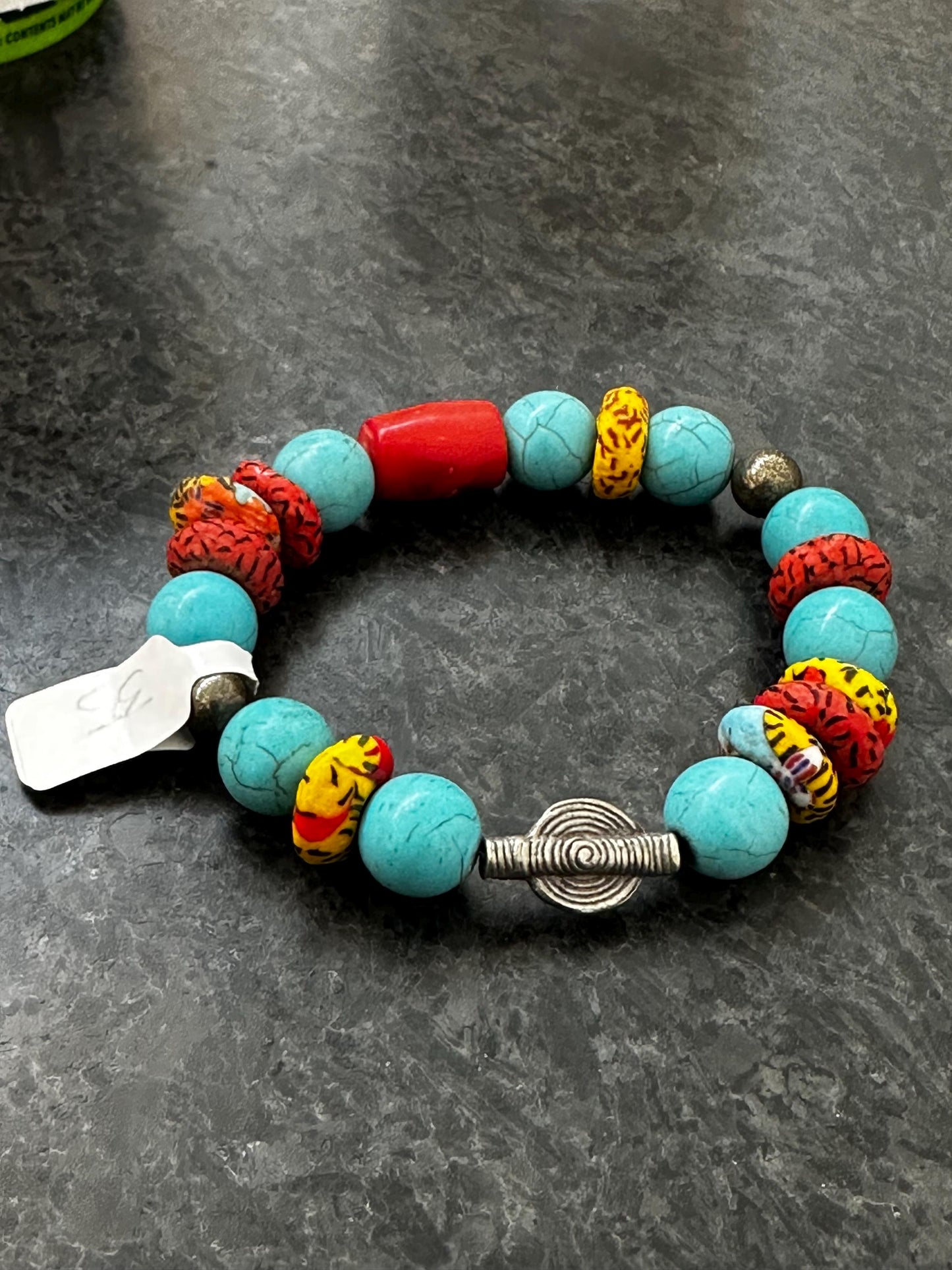 Turquoise Howlite Bracelet: Recycled African Glass & Silver Sundial - Boho Unisex