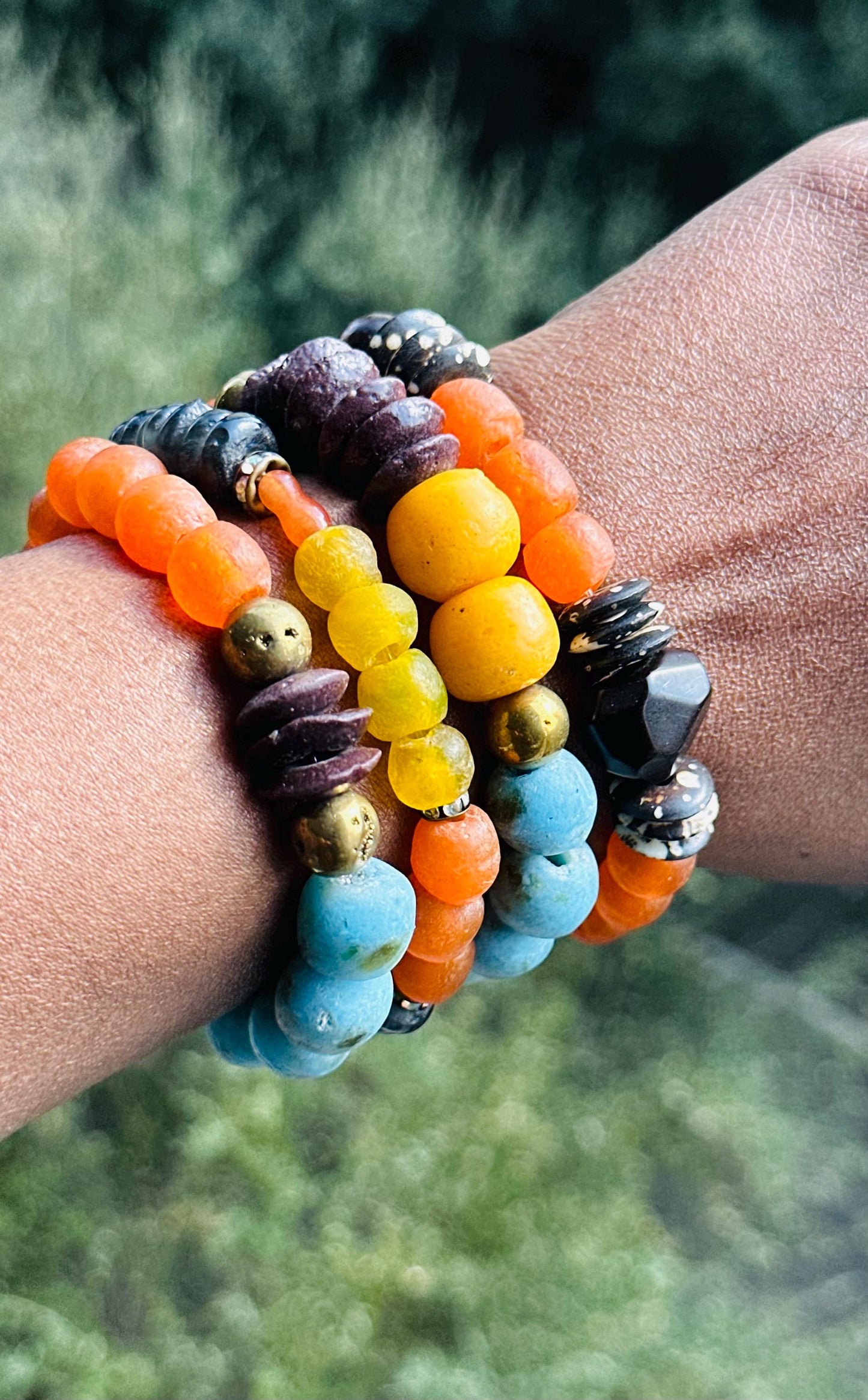 Recycled African Glass Bead Bracelet | Earthy Boho Stretch Jewelry
