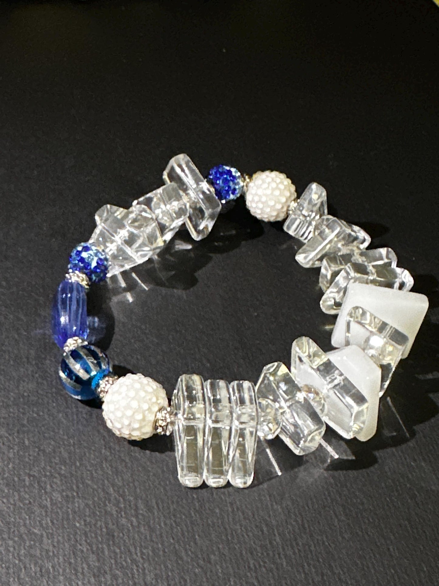 Handmade Blue Art Glass Bracelet • Acrylic Geometric Beads, Pearl Accents