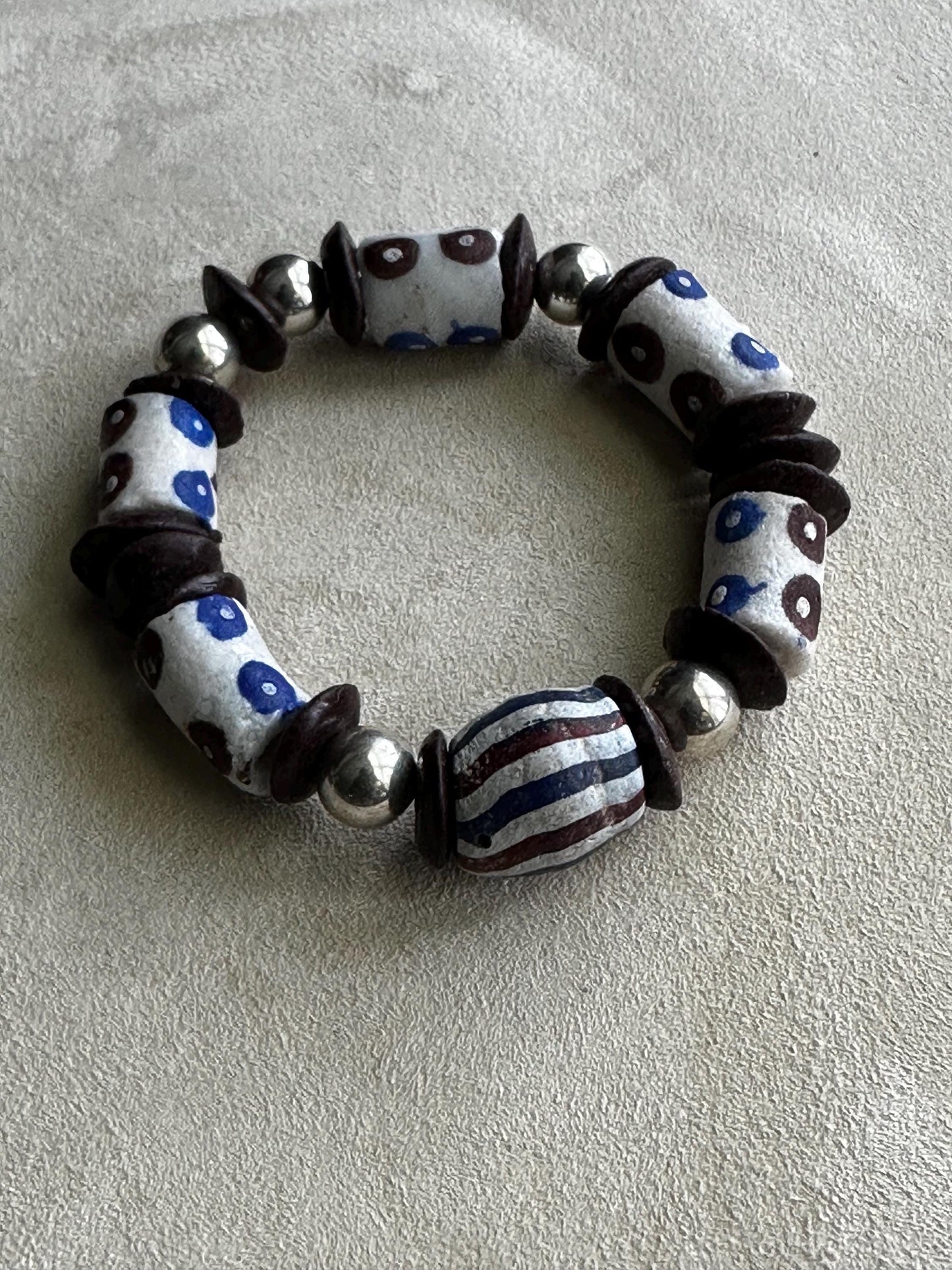 African Recycled Glass Bead Bracelet: Blue Brown Polka Dot Krobo, Unisex Boho