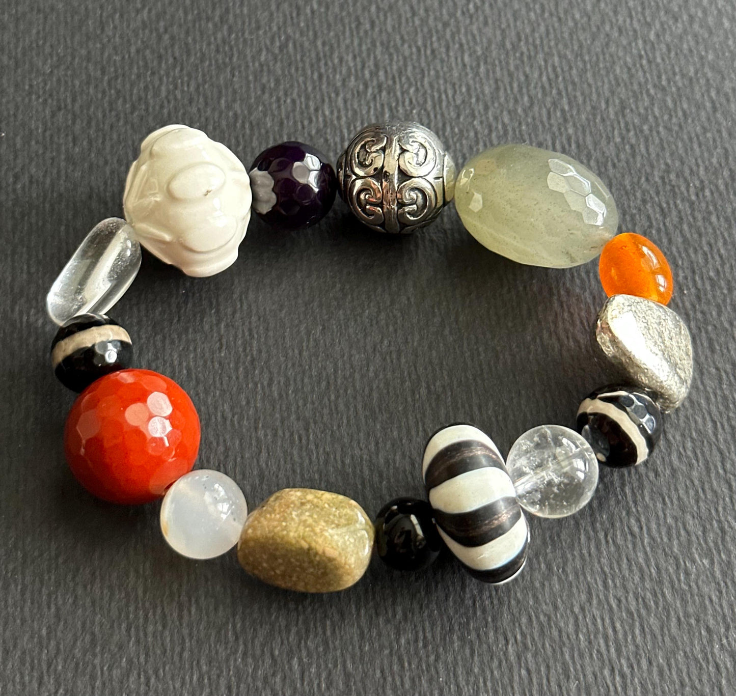White, Orange, Green, Black & Silver Mixed Material Statement Bracelet – One of a Kind (OOAK