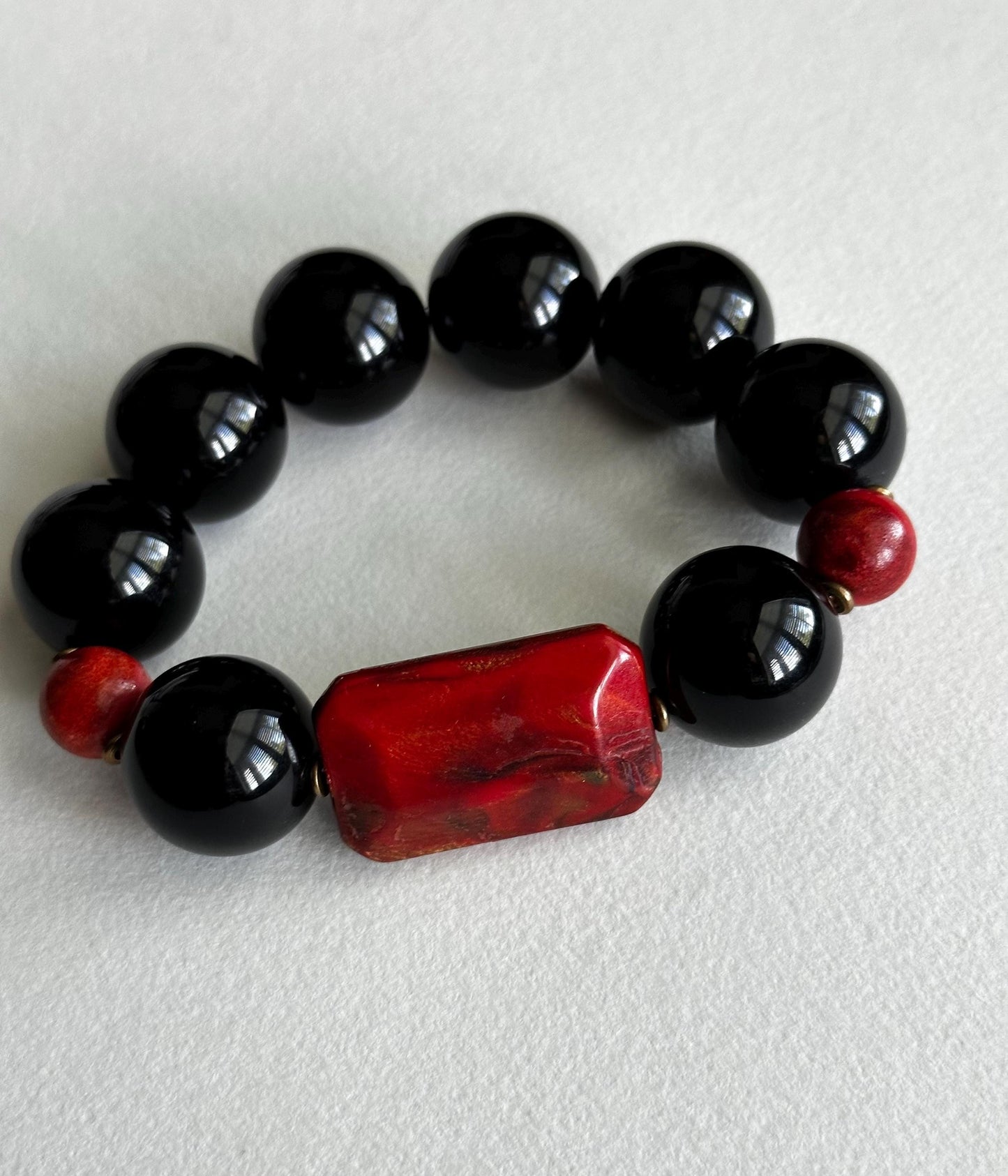 Handmade Black and Red Beaded Statement Stretch Bracelet