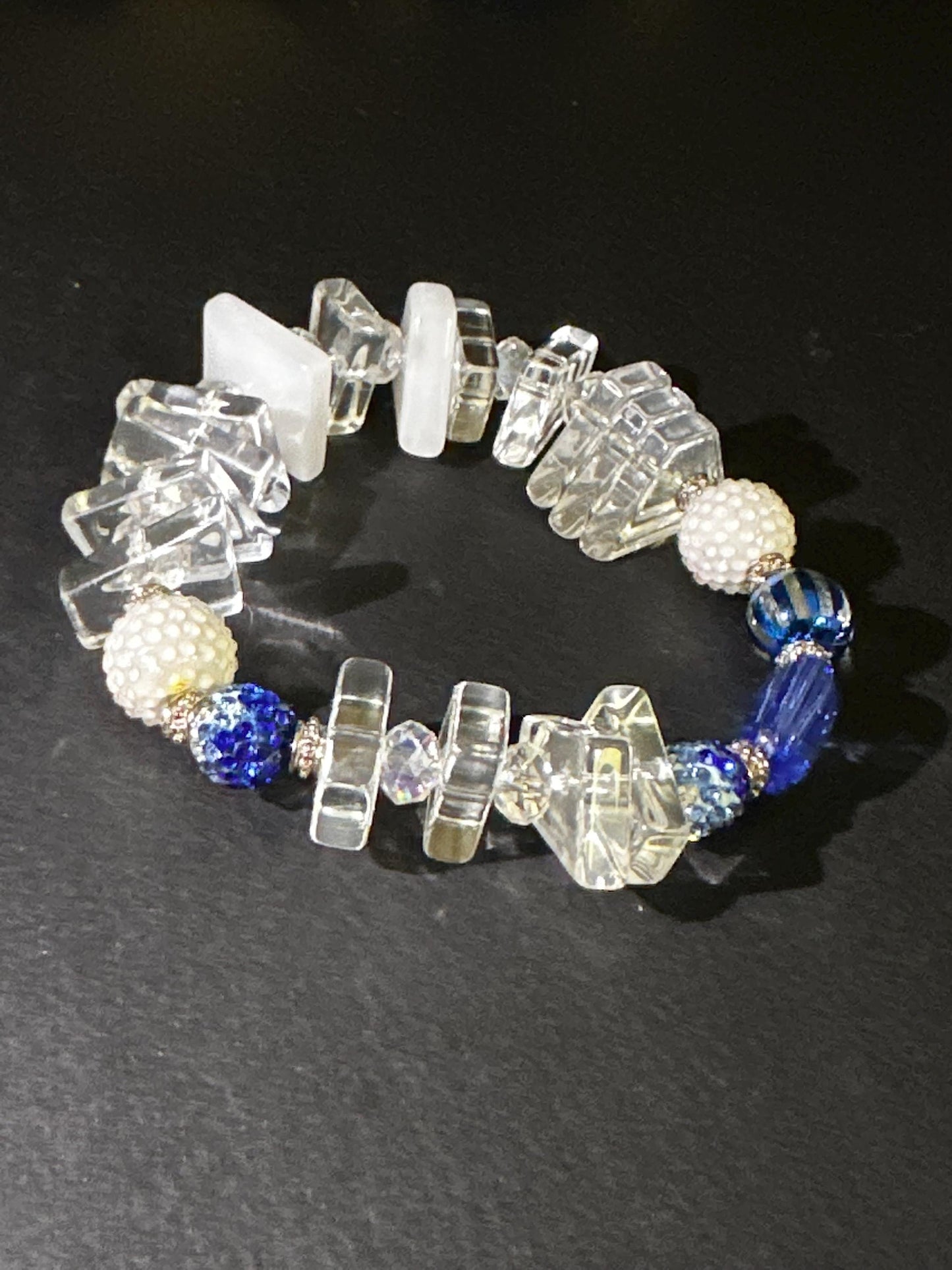 Handmade Blue Art Glass Bracelet • Acrylic Geometric Beads, Pearl Accents