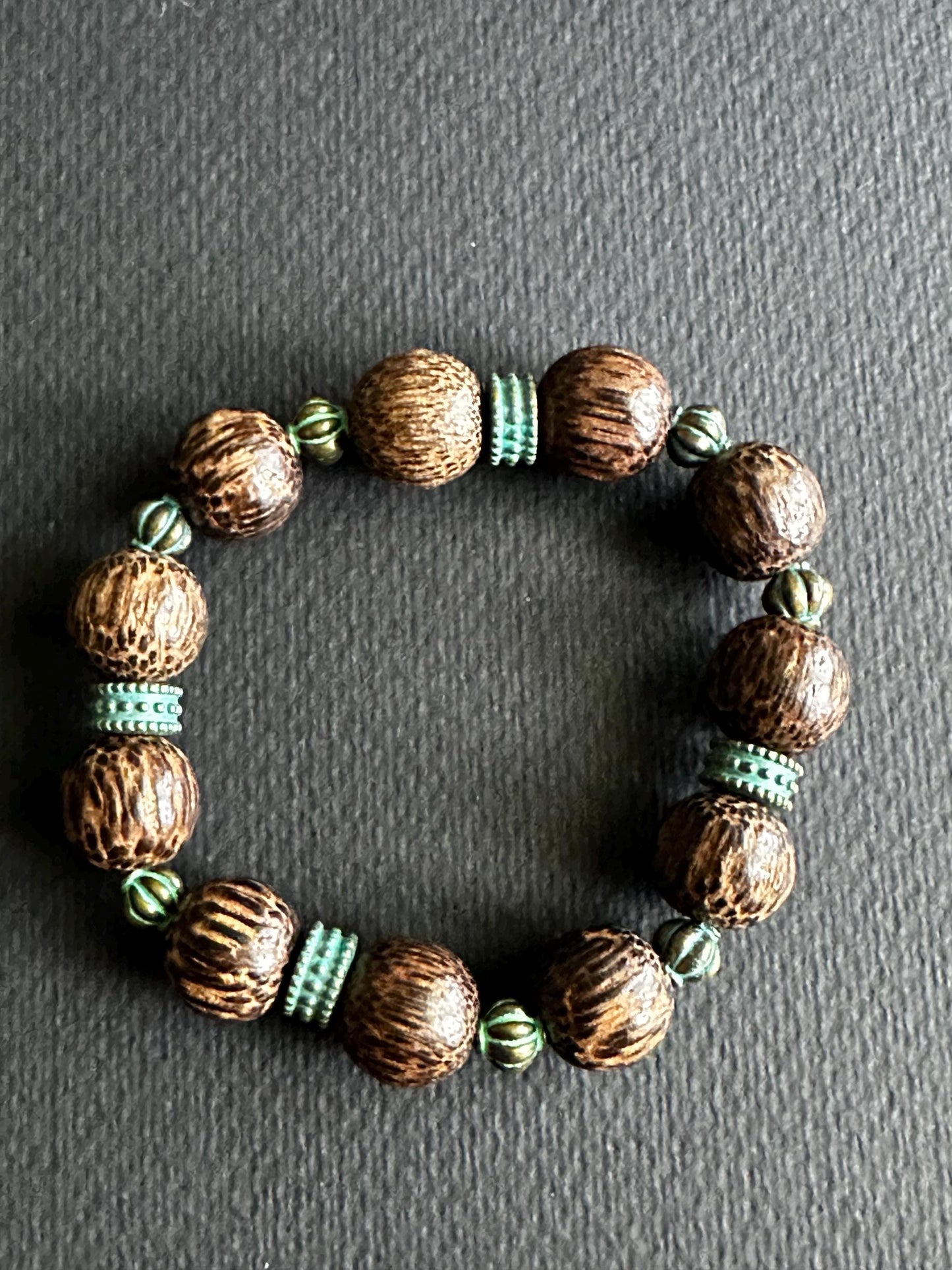 Brown and Blue Wood Beaded Bracelet Handmade and OOAK
