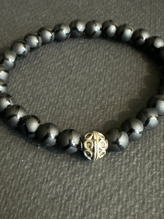 Striped Matte Onyx Bracelet with  and Silver Focal Bead