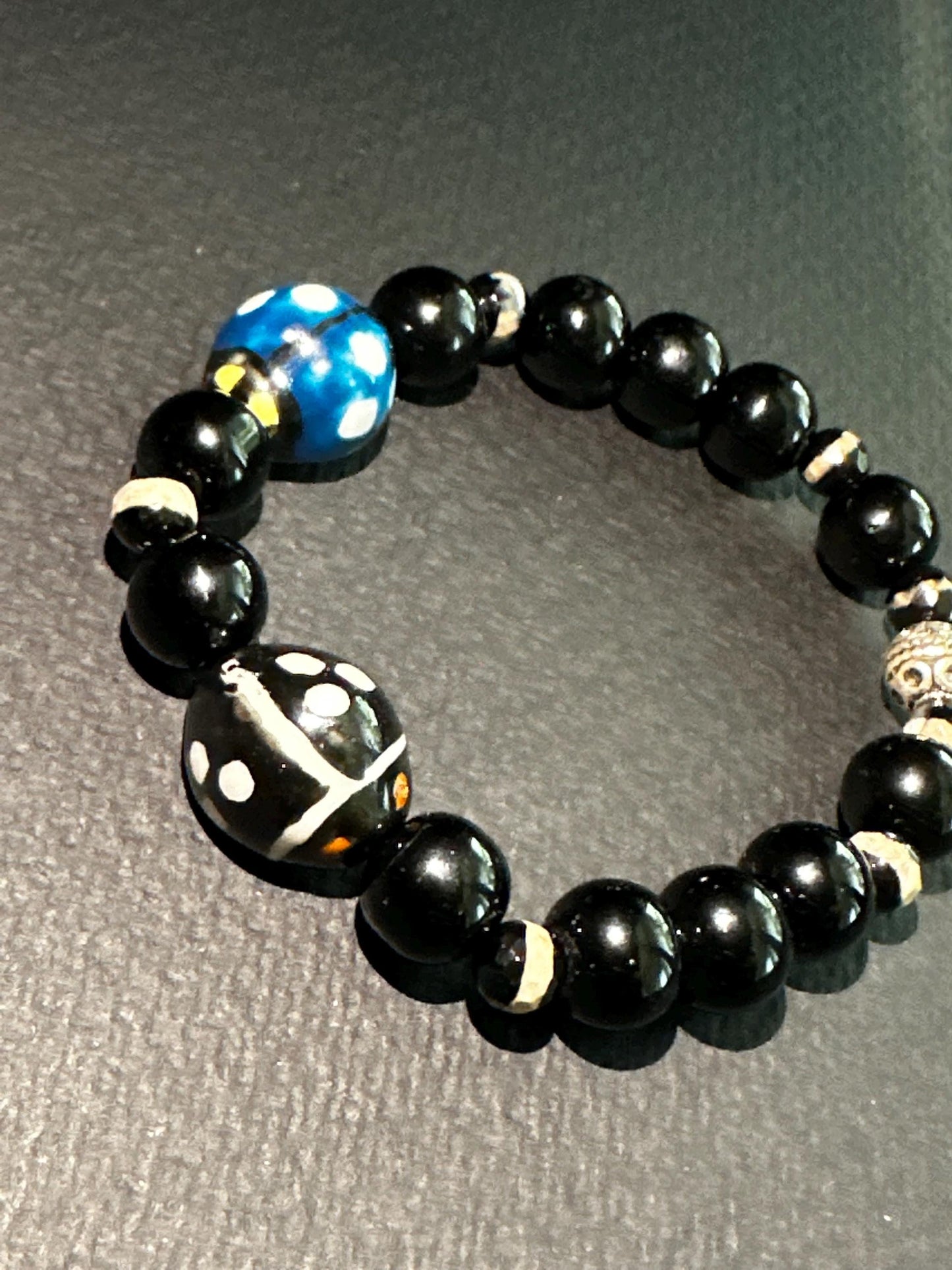 Ladybug Beaded Bracelet: Black, White & Blue Glass Ceramic - 7.5"