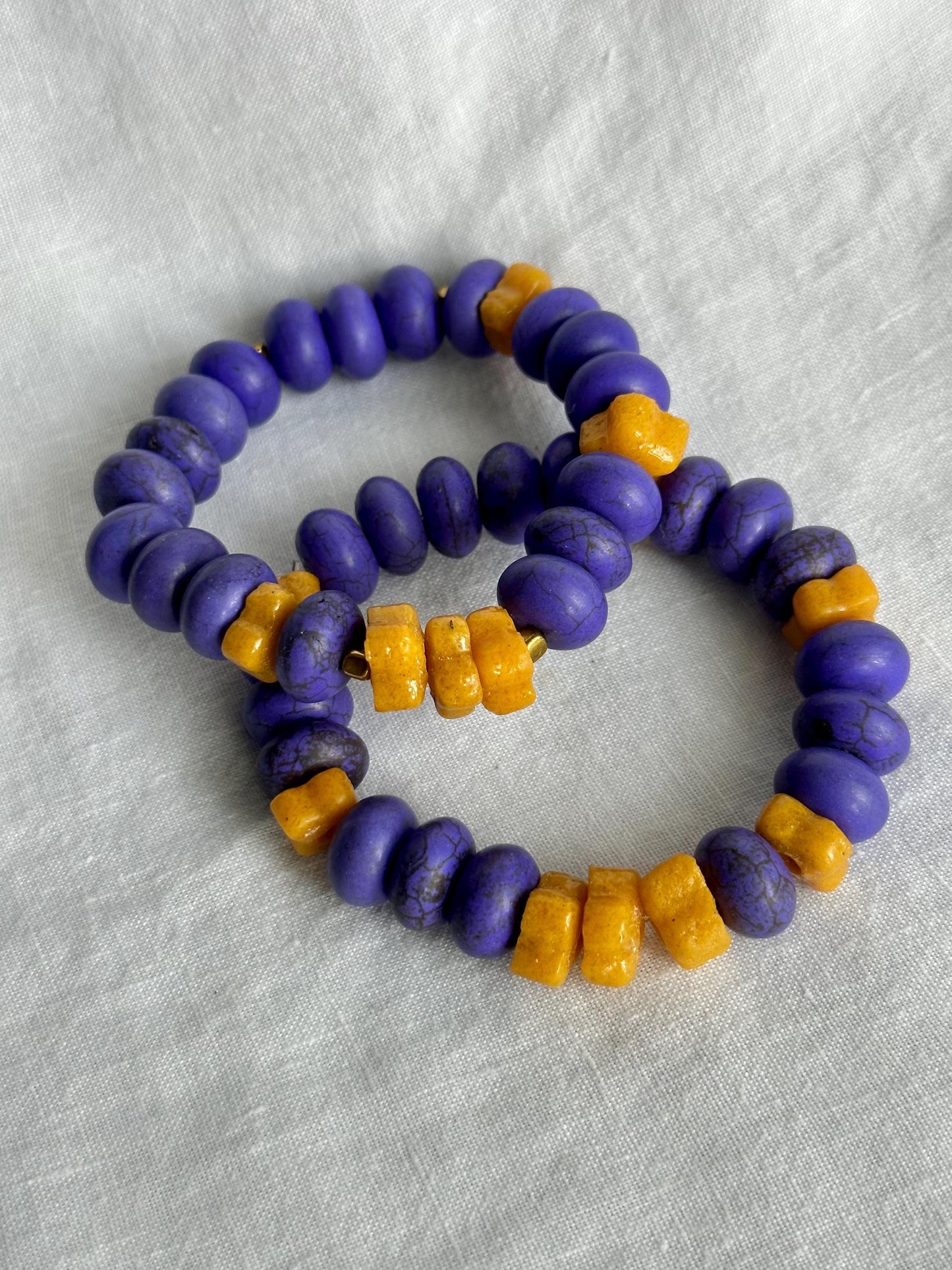 Purple and Gold Unisex Ceramic and Krobo Beaded Stackable Bracelets