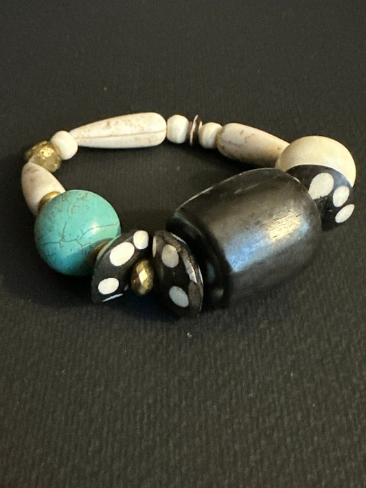 Turquoise Colored Brown and Cream Large Chunky Beaded Bracelet