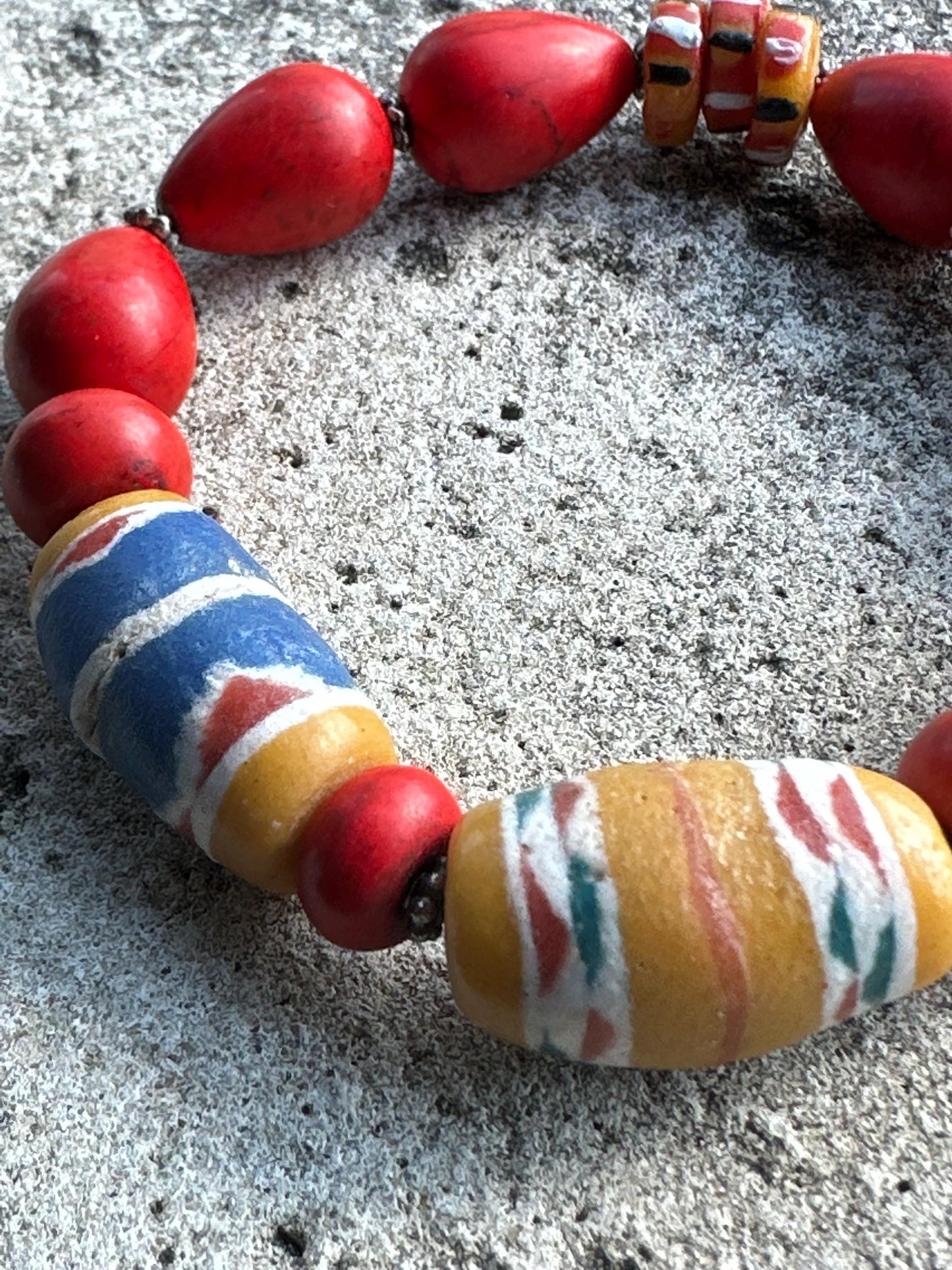 Red Teardrop Beaded Bracelet | Bronze Disc Boho Jewelry