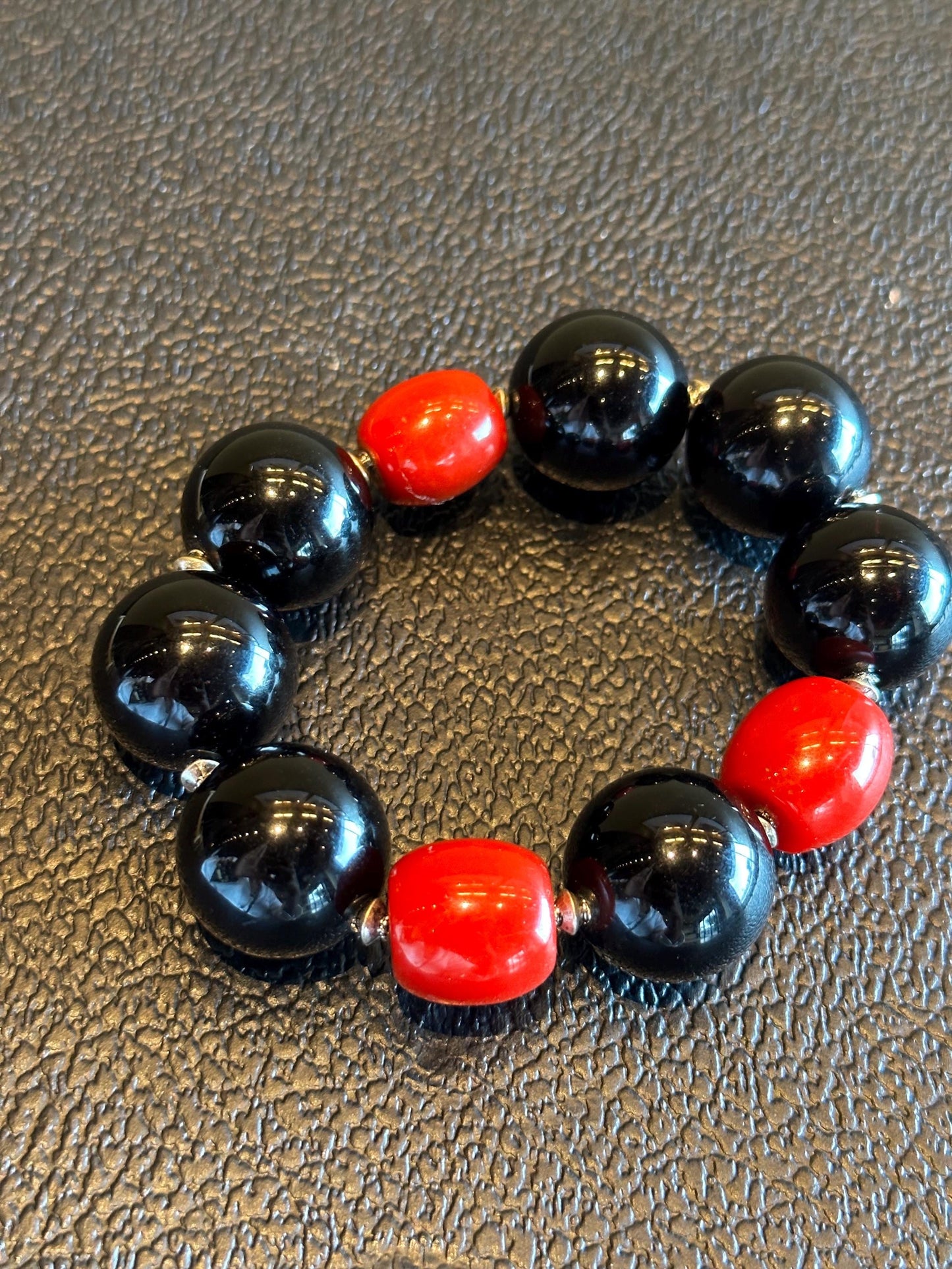 Handmade Black and Red Unisex Beaded Statement Stretch Bracelet
