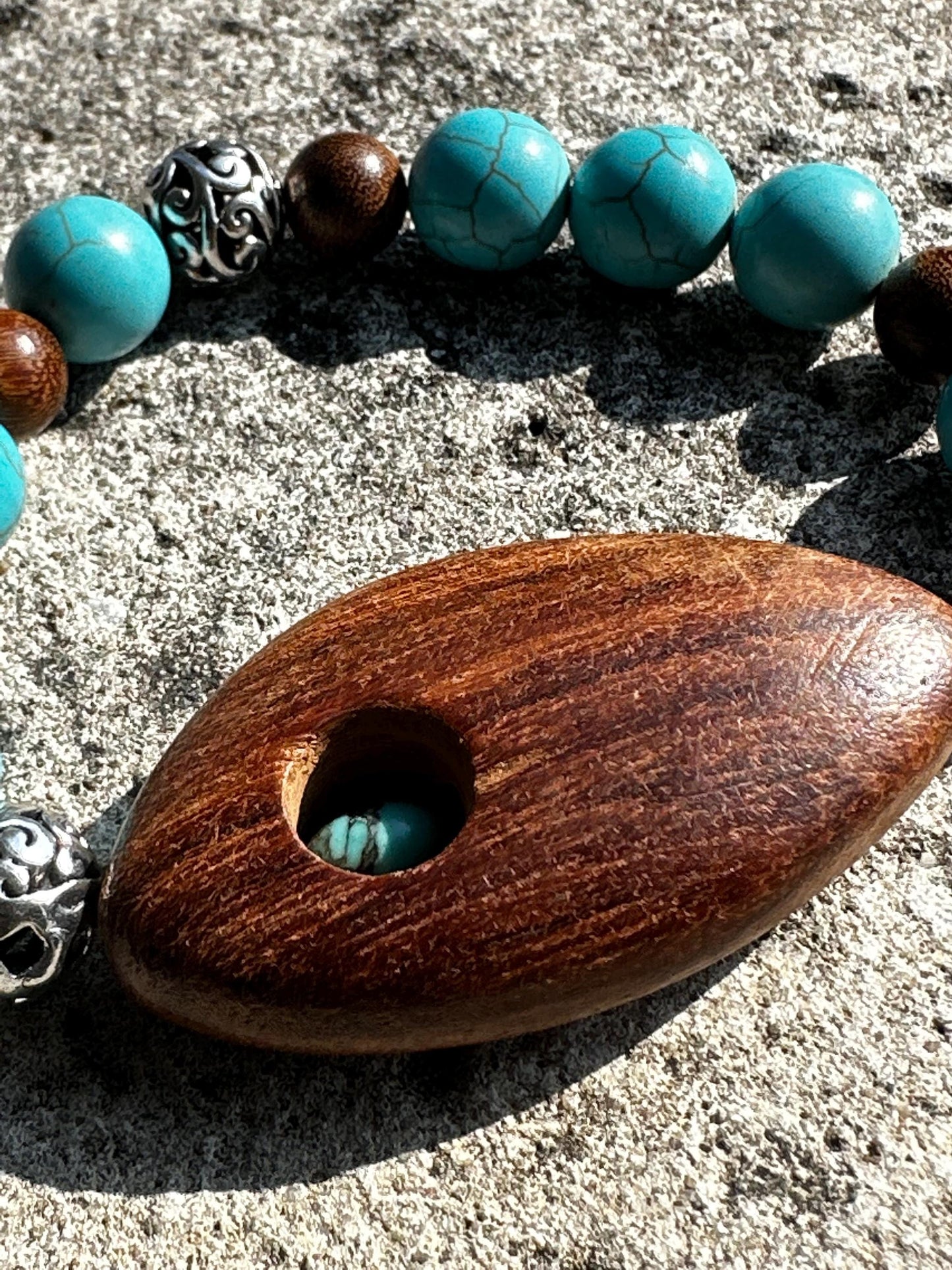 Turquoise Howlite Beaded Bracelet with Wooden Geometric Focal Bead
